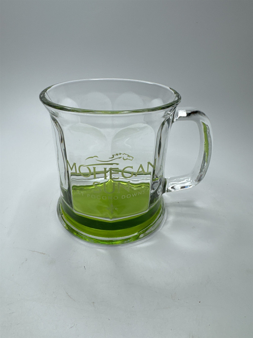 Mohegan Sun at Pocono Downs Coffee Mug Clear Glass /w Green Bottom Modern