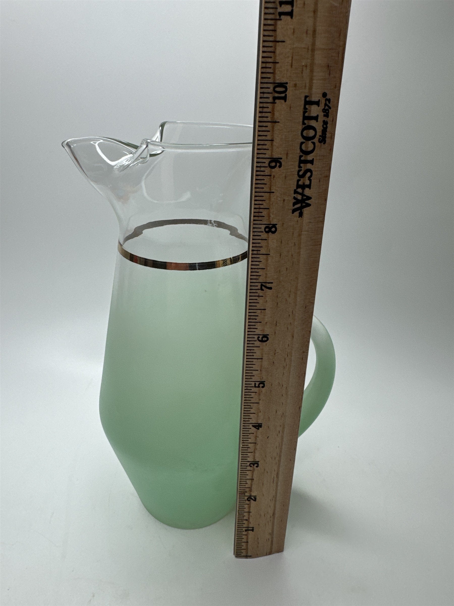 Vintage MCM West Virginia Blendo Green Frosted Pitcher 9-1/2" Gold Trim