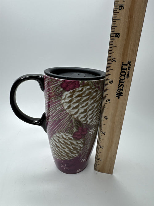 Cypress Home Vintage Pinecone Snowflake Scene Pink Ceramic Heavy Tall Coffee Mug