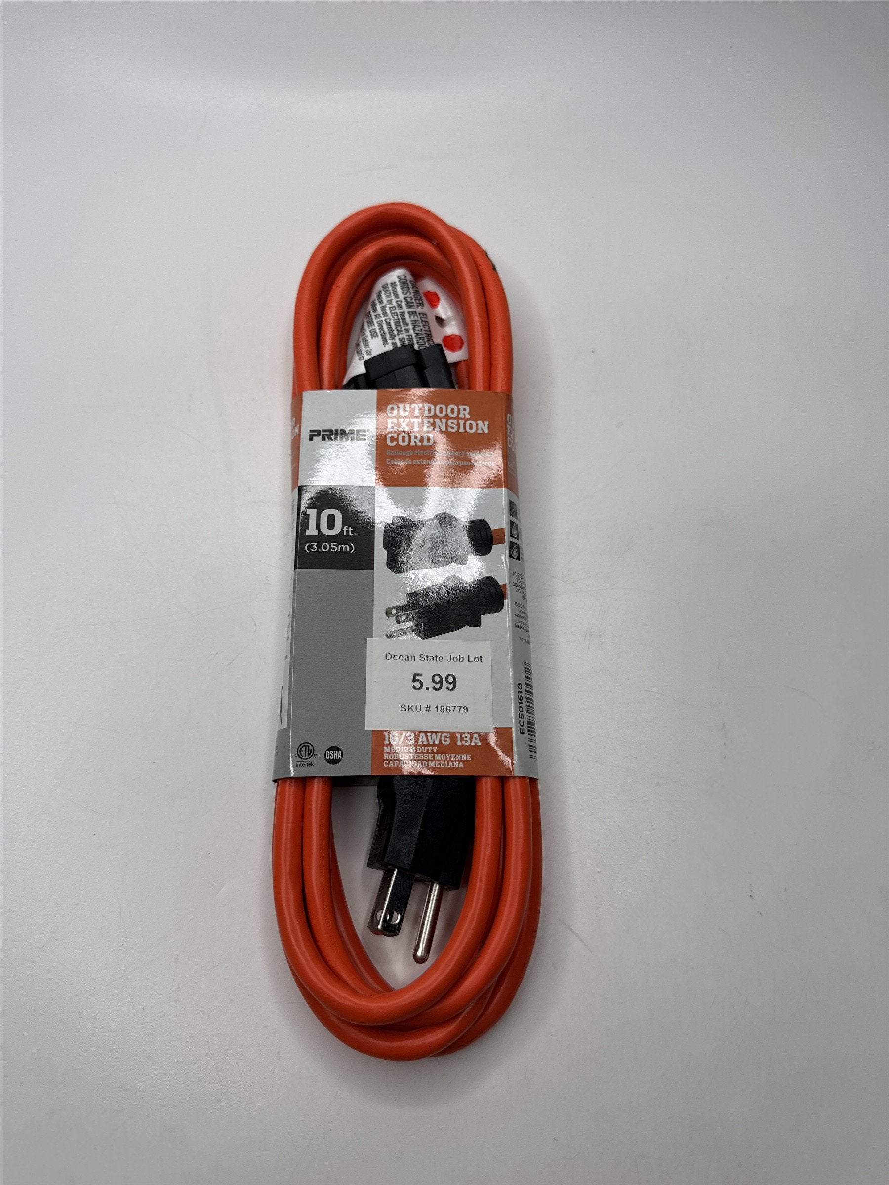 PRIME 10ft Outdoor Extension Cord Hi-Visility Orange Color Power Cable /w Ground