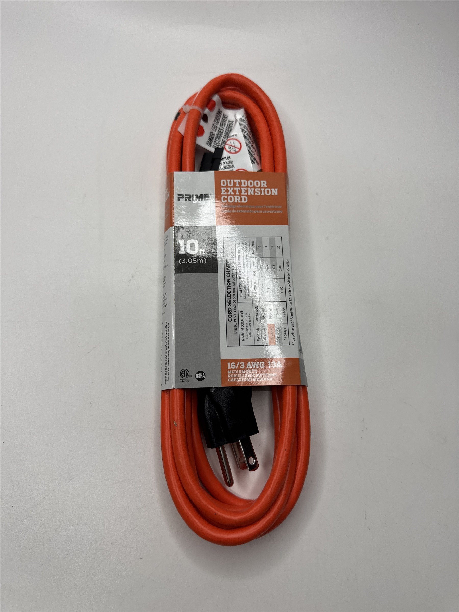 PRIME 10ft Outdoor Extension Cord Hi-Visility Orange Color Power Cable /w Ground