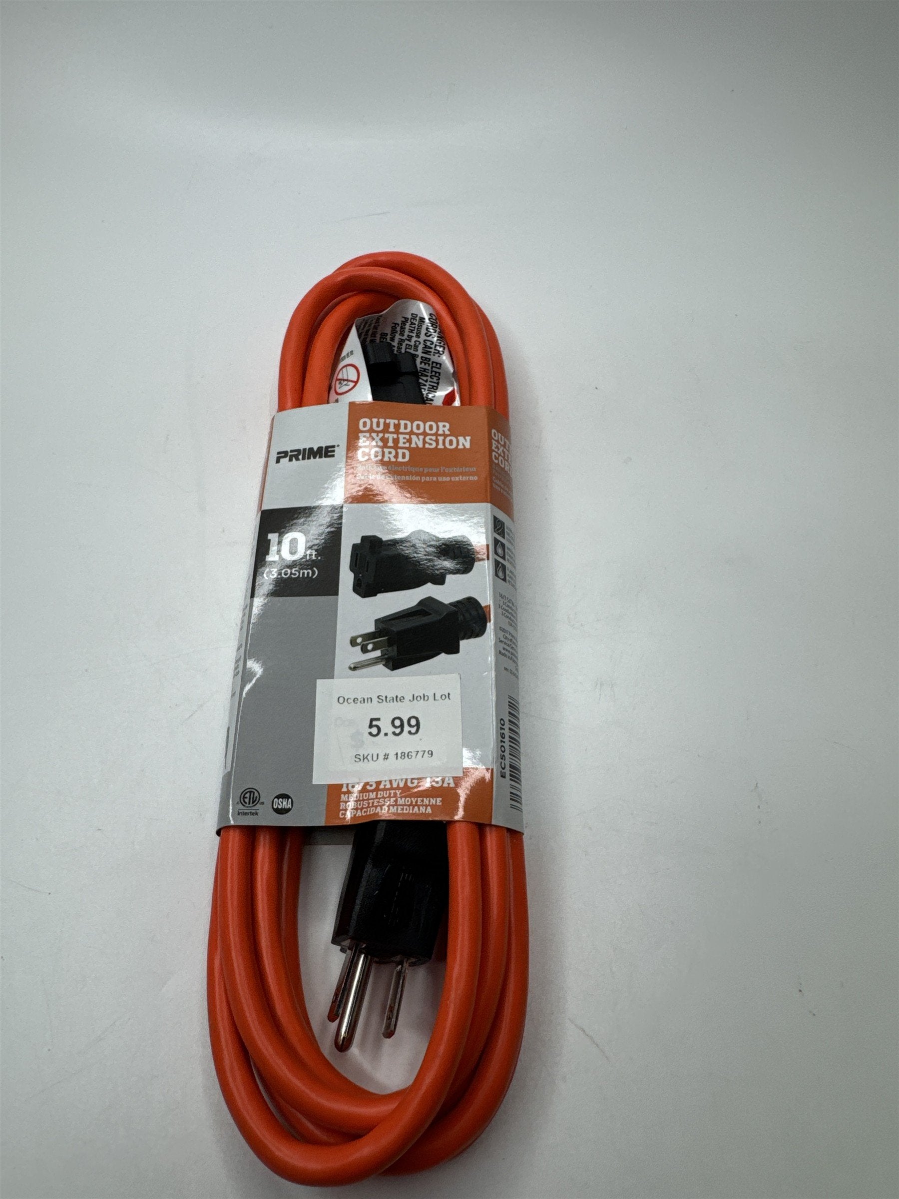 PRIME 10ft Outdoor Extension Cord Hi-Visility Orange Color Power Cable /w Ground