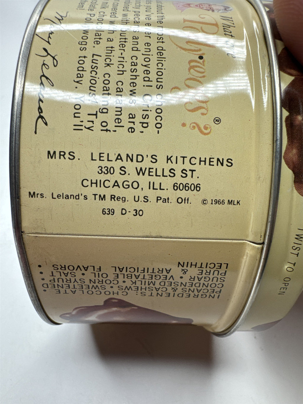 Mrs. Leland's Old Fashioned Chocolates Chocolate Pollywogs Empty Tin Chicago IL
