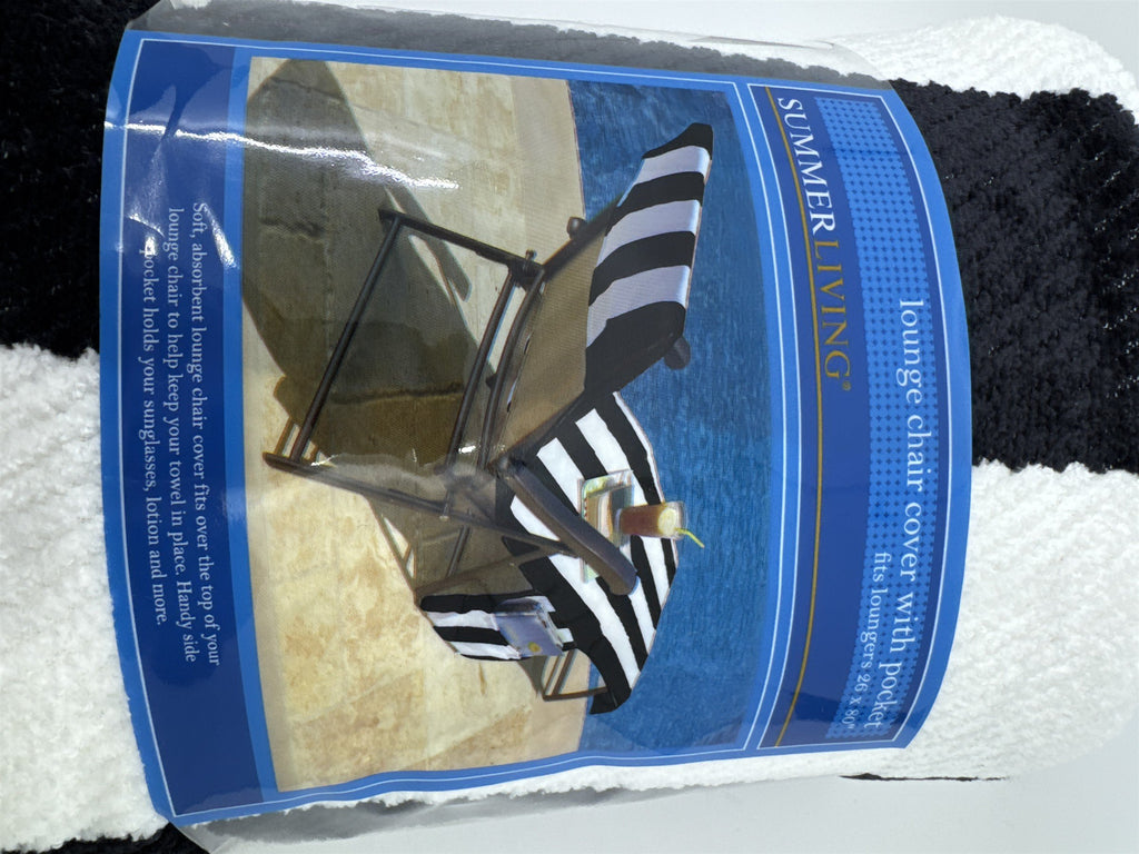 Black and White Striped Summer Living Lounge Chair Cover With Pocket 26 x 80"