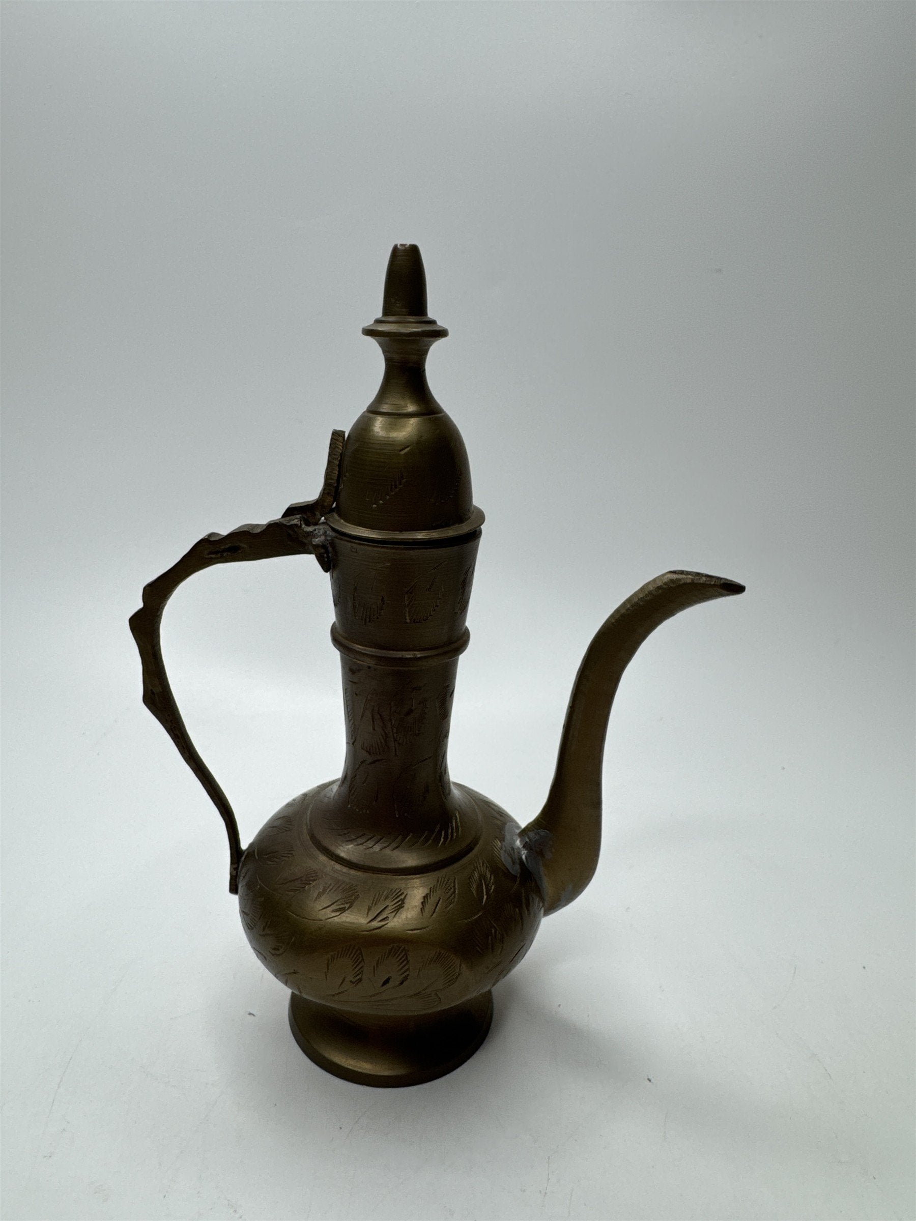 Vintage Mini Brass Genie Oil Pitcher Etched Lid Decanter 6" Tall Small