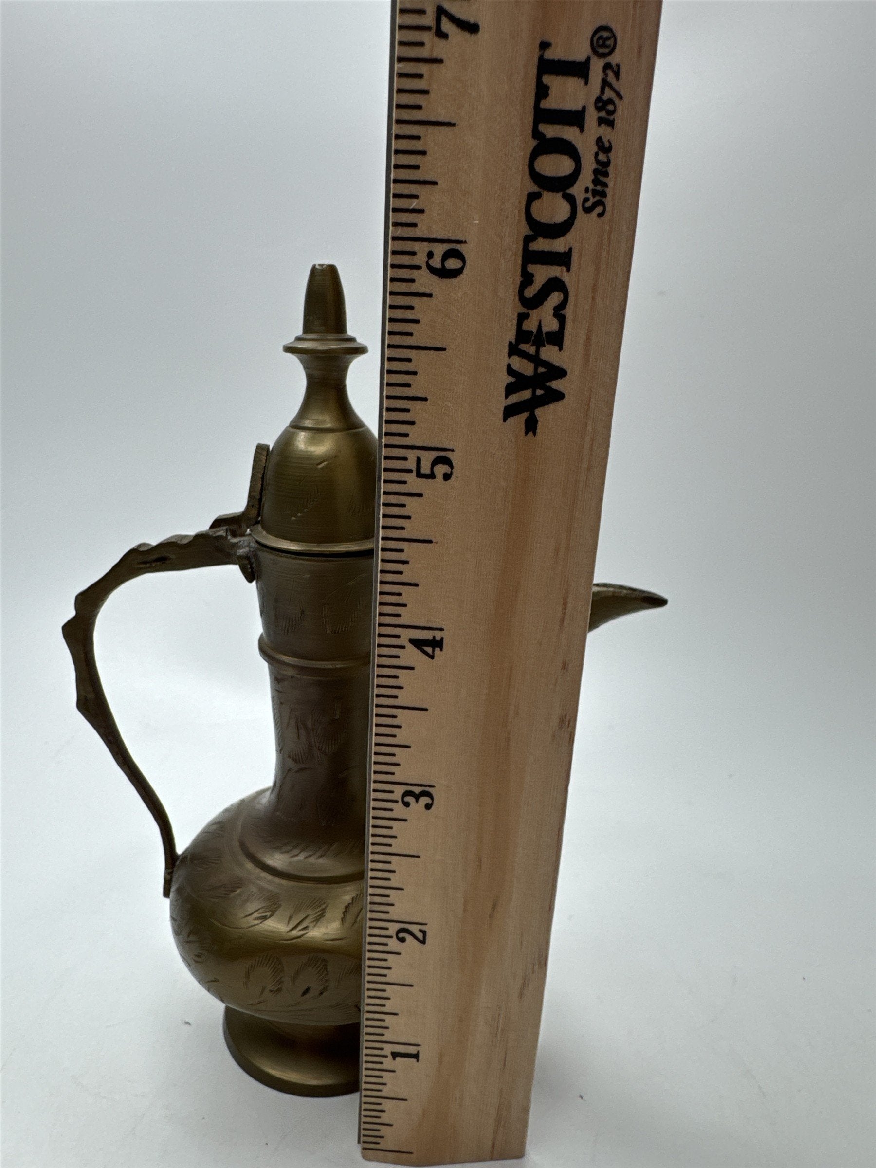 Vintage Mini Brass Genie Oil Pitcher Etched Lid Decanter 6" Tall Small