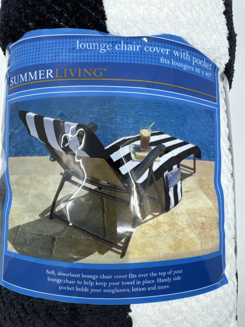 Black and White Striped Summer Living Lounge Chair Cover With Pocket 26 x 80"