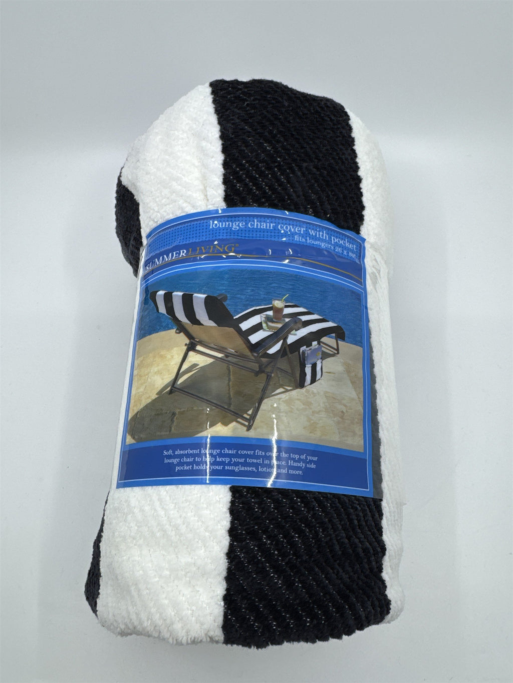 Black and White Striped Summer Living Lounge Chair Cover With Pocket 26 x 80"