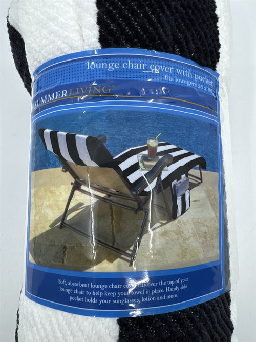 Black and White Striped Summer Living Lounge Chair Cover With Pocket 26 x 80"