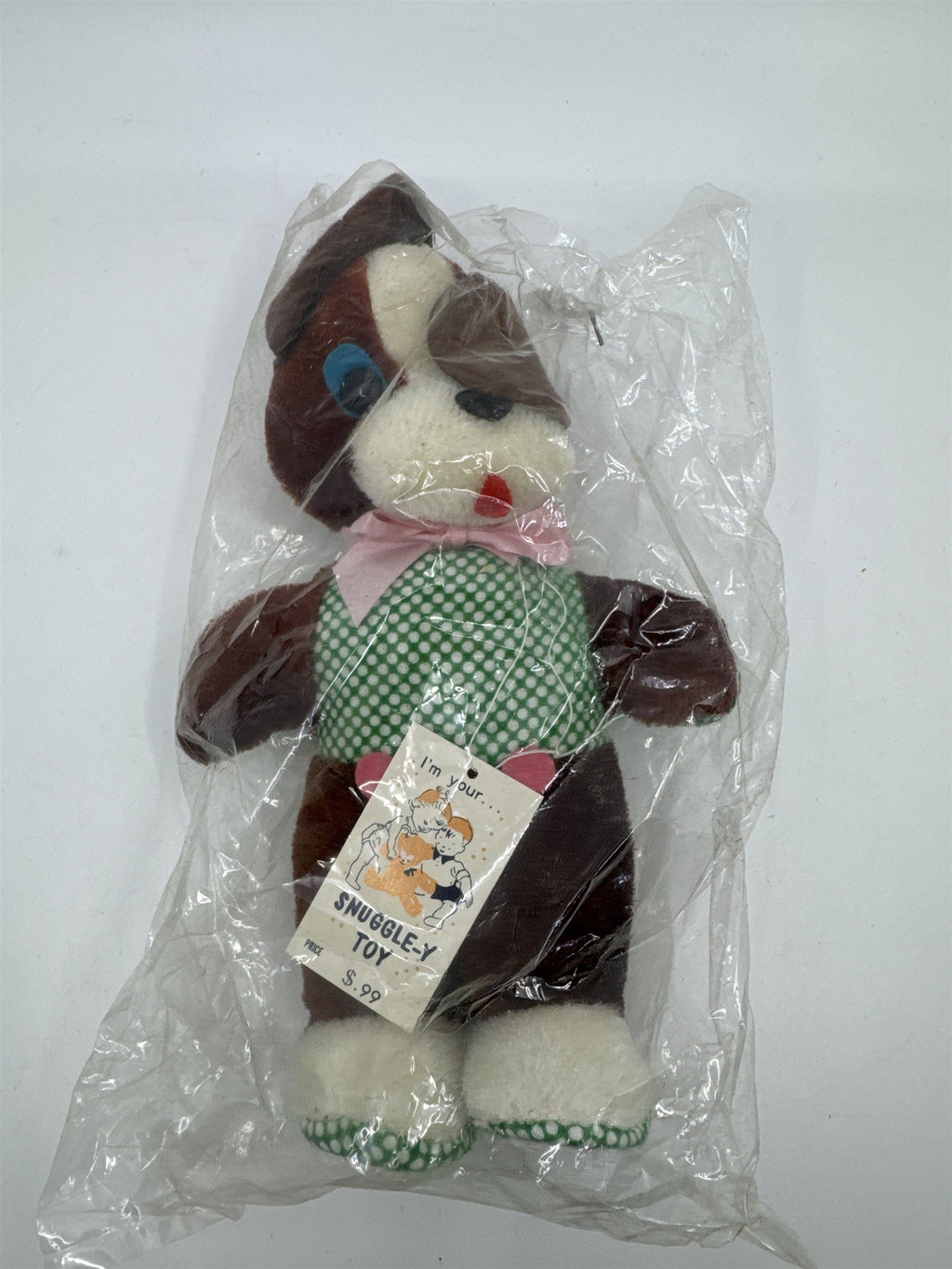 Vintage Brown and White Dog/Bear with Pink Bow I'm Your Snuggle-y Toy Japan
