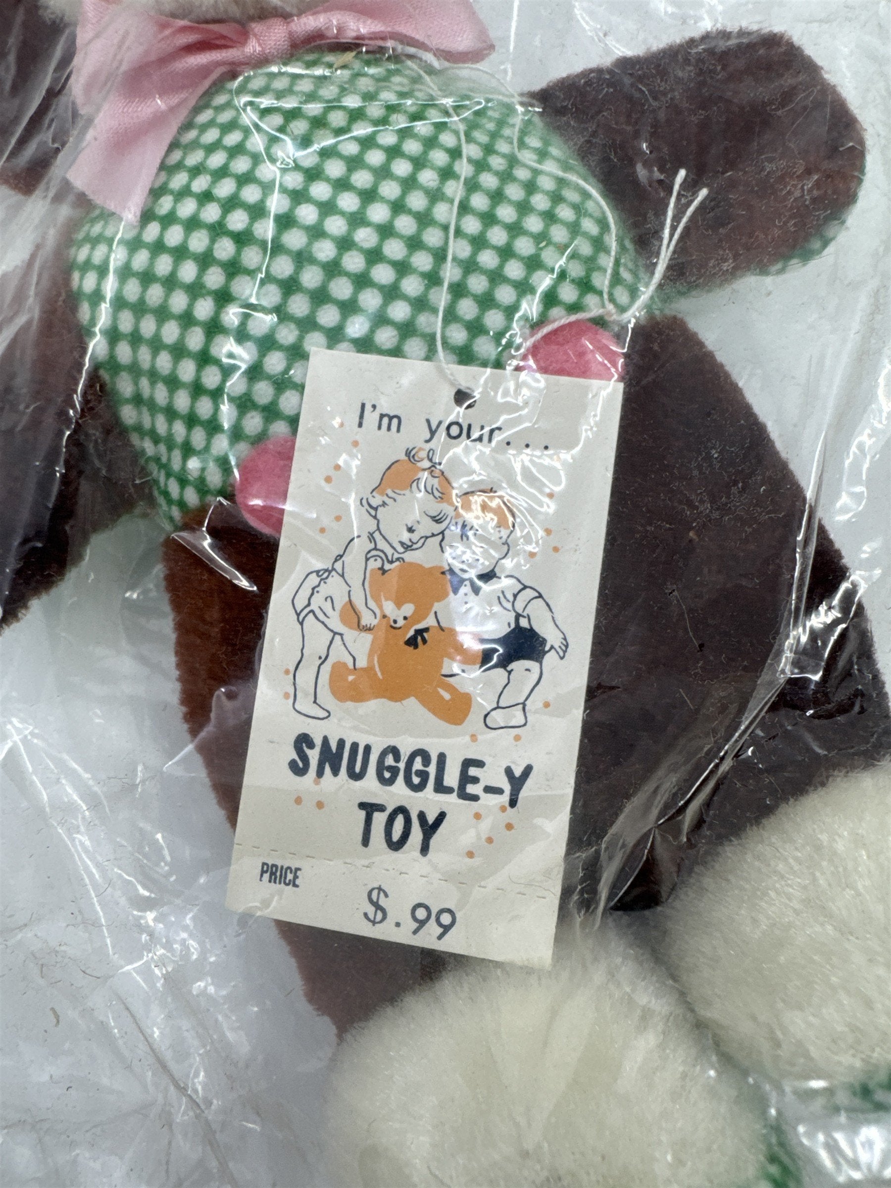 Vintage Brown and White Dog/Bear with Pink Bow I'm Your Snuggle-y Toy Japan
