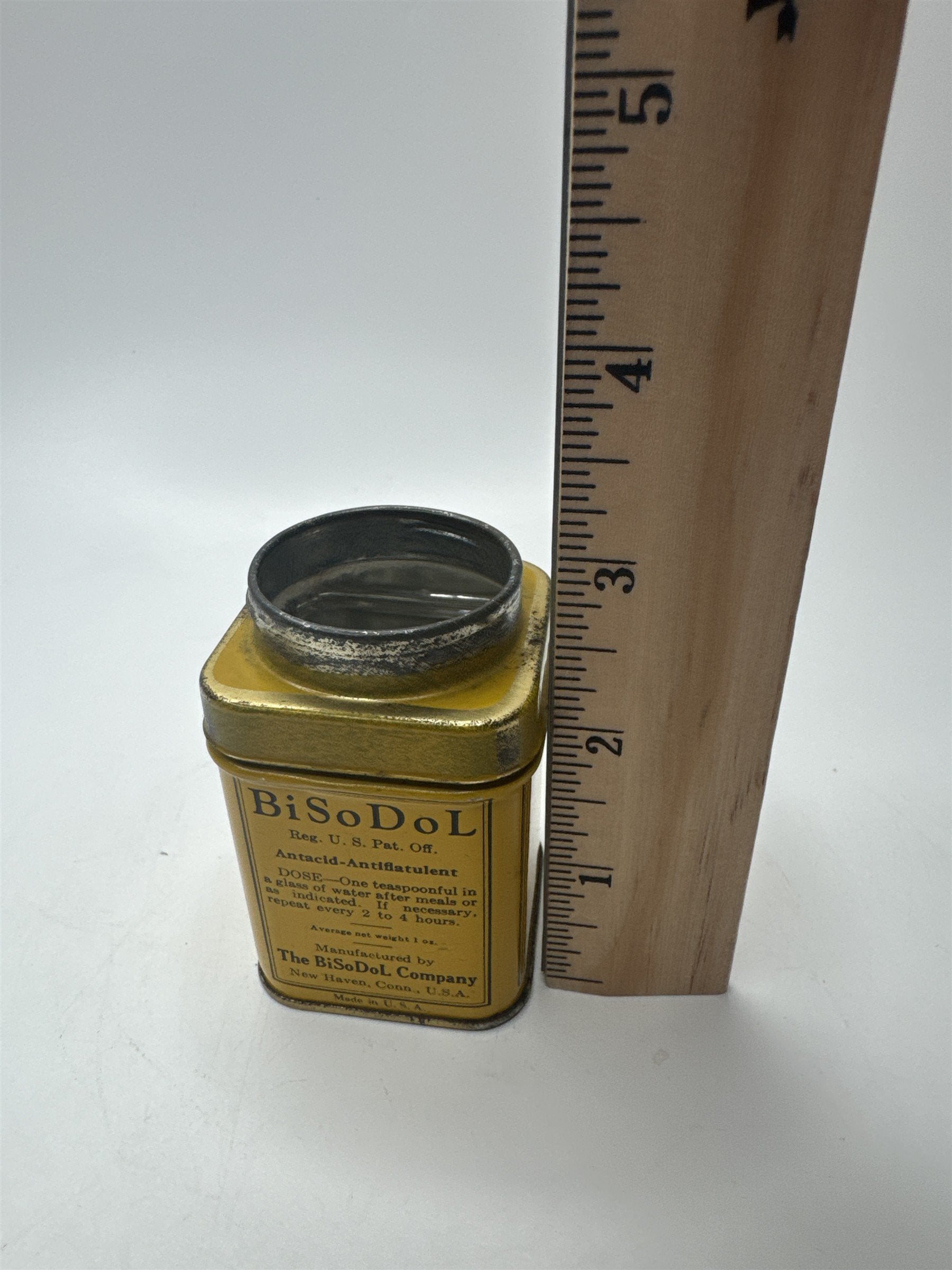 Vintage BiSoDol Antacid Medication Tin Container Yellow Metal Nostalgic