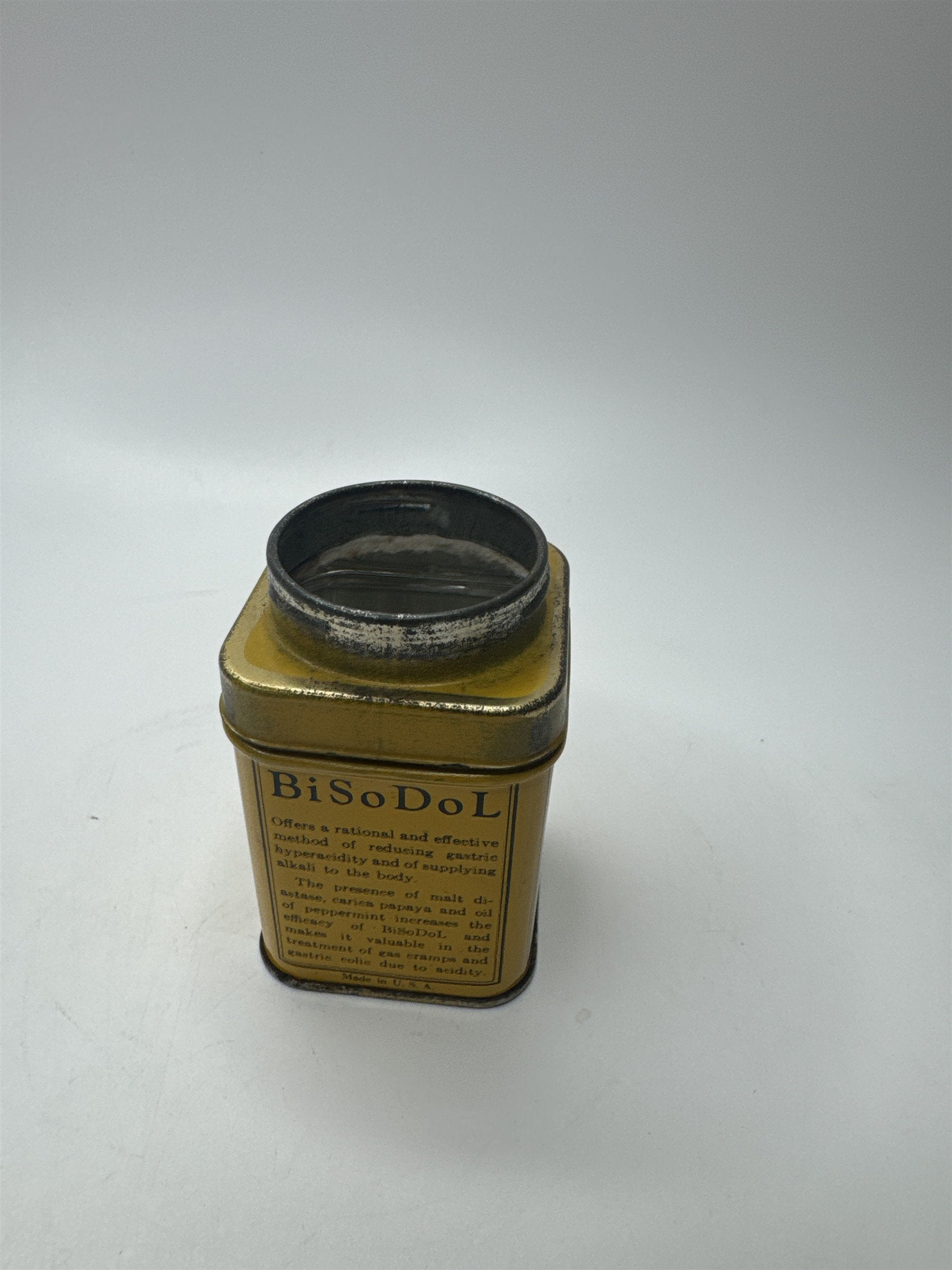 Vintage BiSoDol Antacid Medication Tin Container Yellow Metal Nostalgic