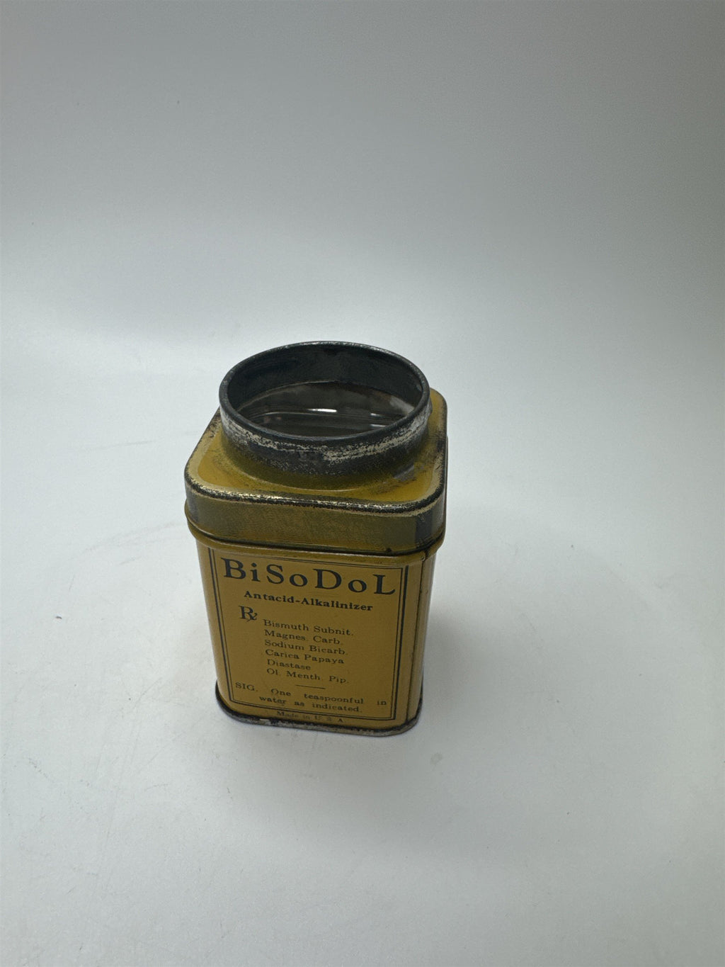 Vintage BiSoDol Antacid Medication Tin Container Yellow Metal Nostalgic