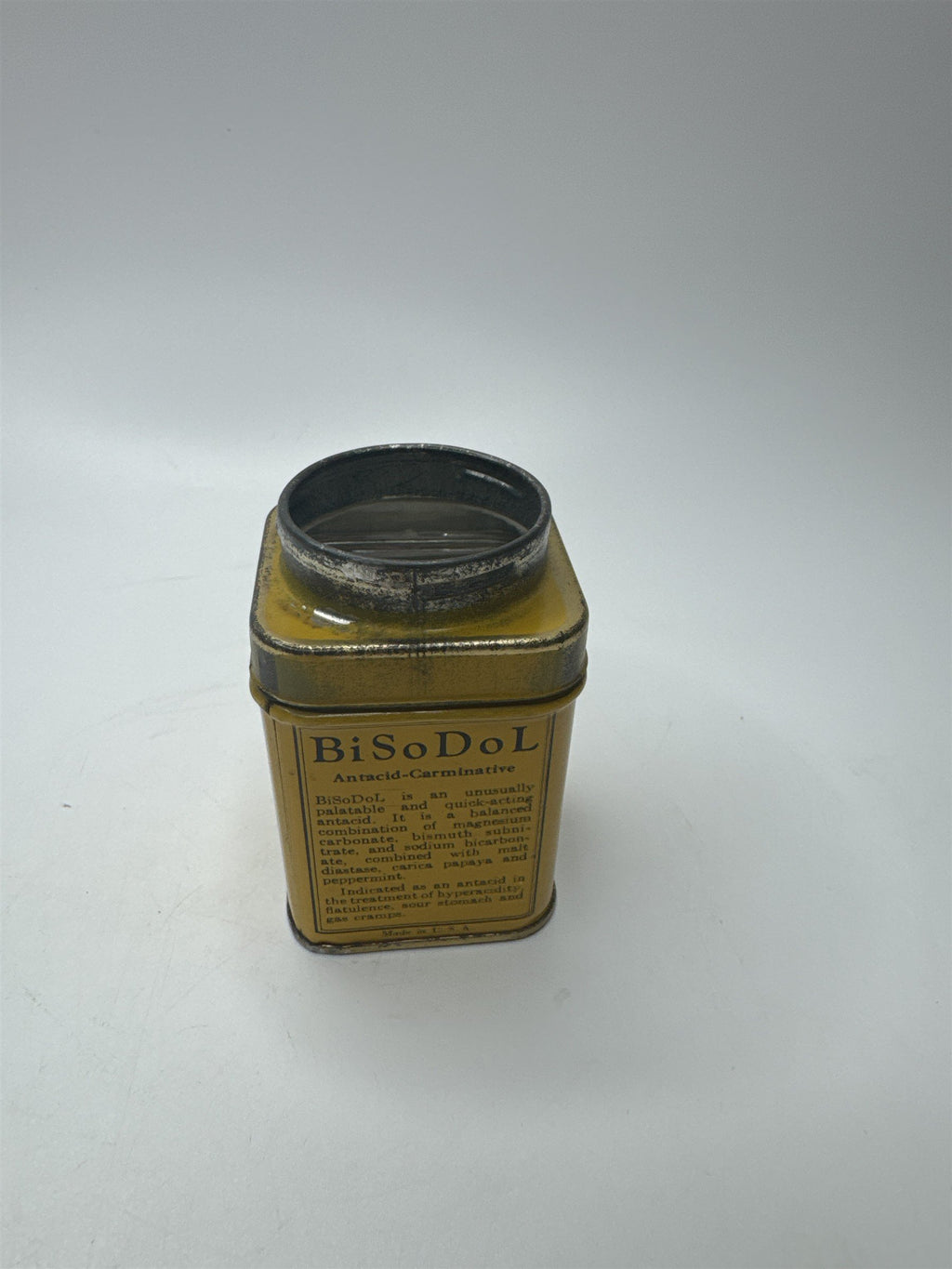 Vintage BiSoDol Antacid Medication Tin Container Yellow Metal Nostalgic