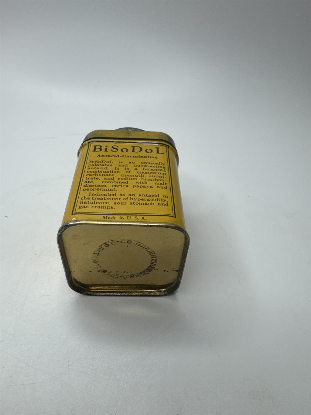 Vintage BiSoDol Antacid Medication Tin Container Yellow Metal Nostalgic