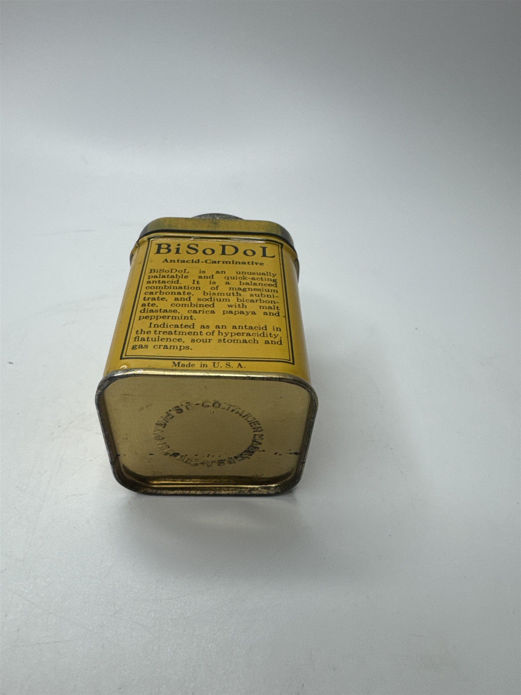 Vintage BiSoDol Antacid Medication Tin Container Yellow Metal Nostalgic