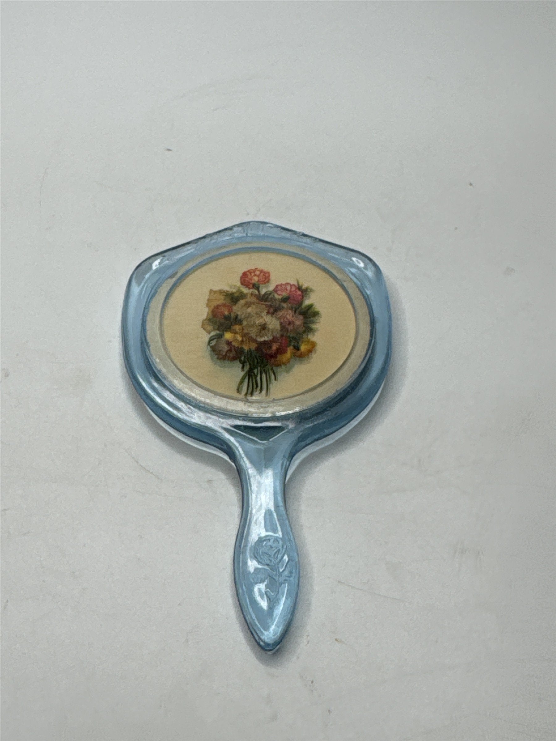 Vintage Mini Plastic Hand Mirror /w Gorgeous Floral Bouquet on Back Toy Mirror