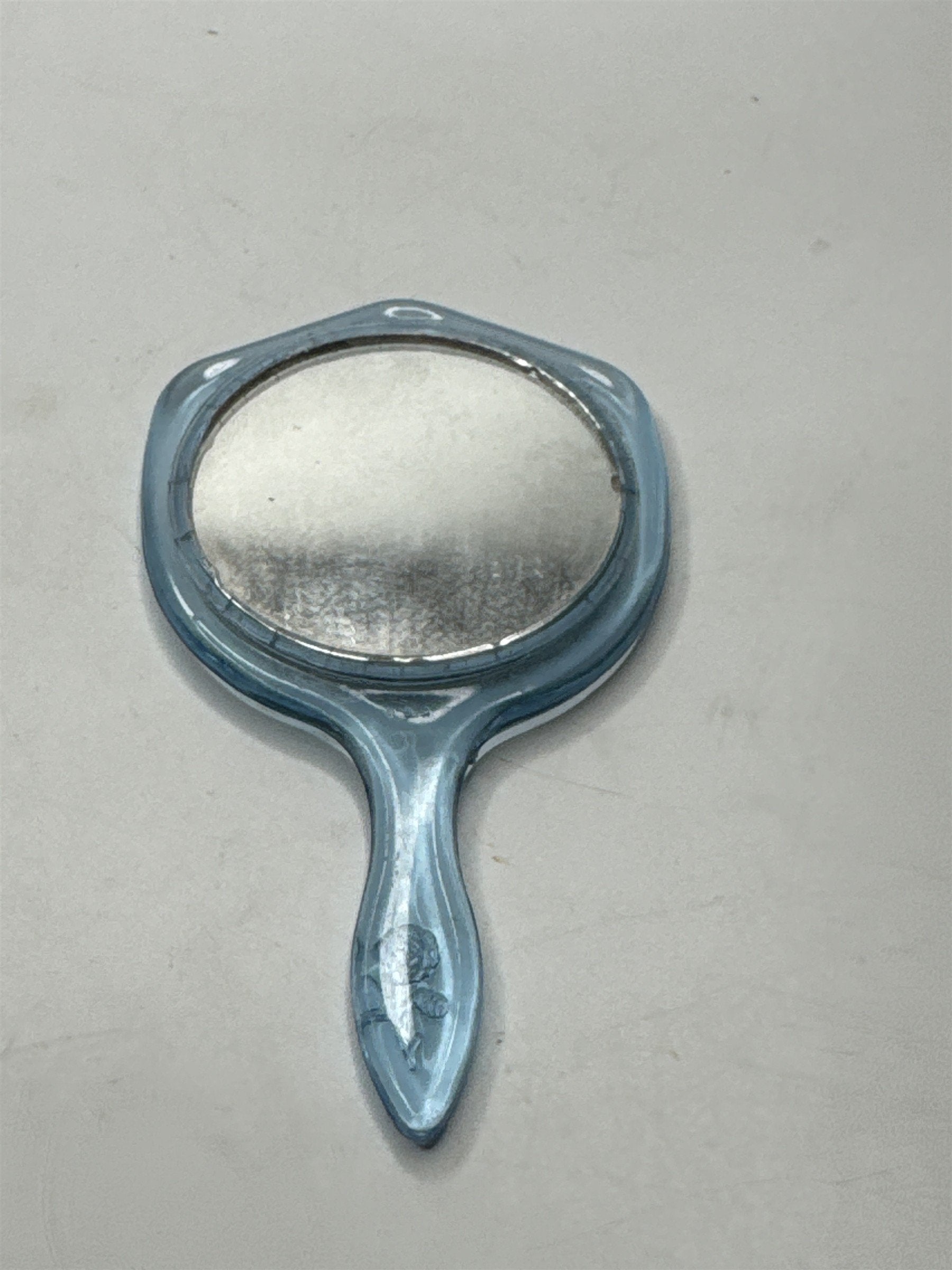 Vintage Mini Plastic Hand Mirror /w Gorgeous Floral Bouquet on Back Toy Mirror