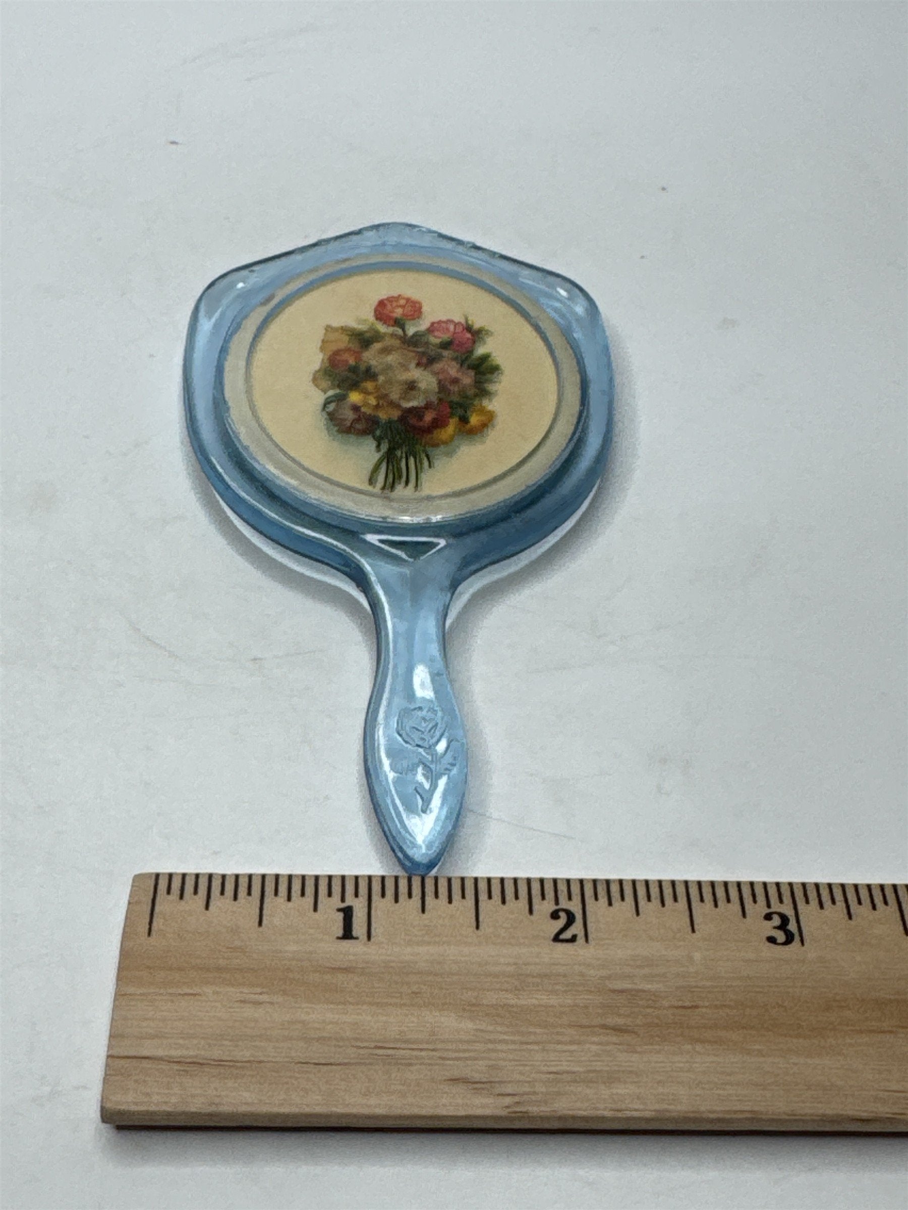 Vintage Mini Plastic Hand Mirror /w Gorgeous Floral Bouquet on Back Toy Mirror