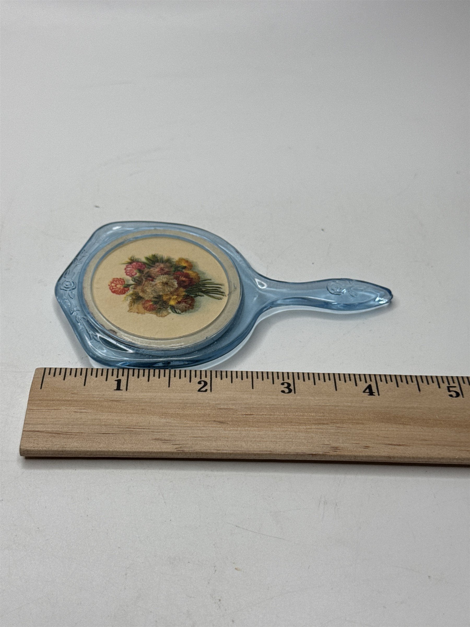 Vintage Mini Plastic Hand Mirror /w Gorgeous Floral Bouquet on Back Toy Mirror