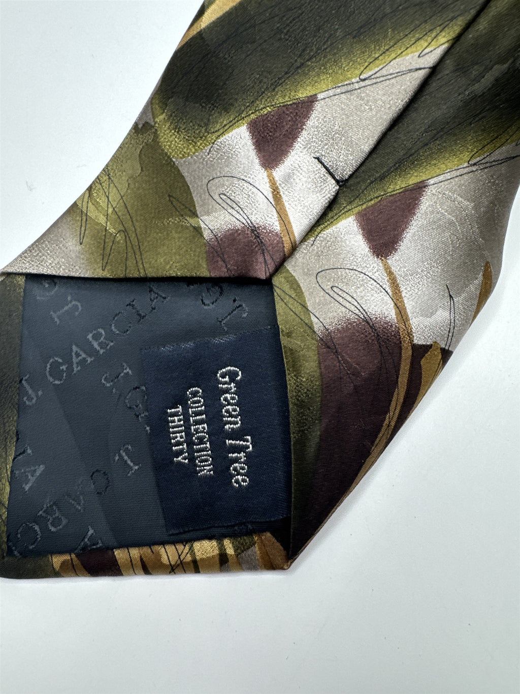 J. Garcia Green Tree Collection Thirty 100% Silk Tie Abstract Green/Brown/Gold