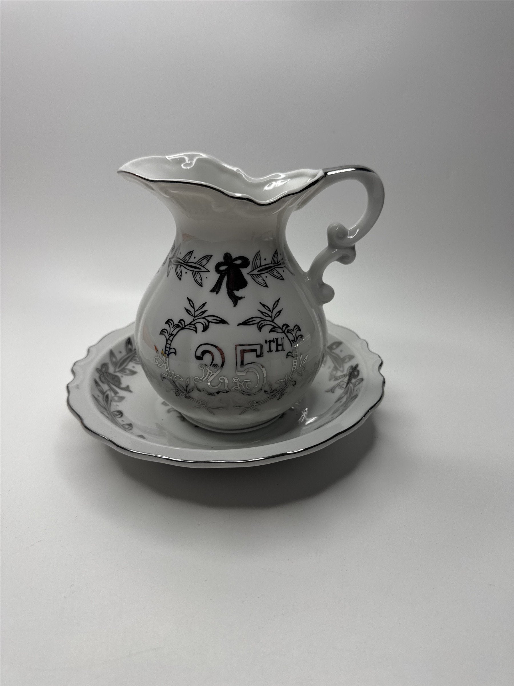 Lefton China 25th Anniversary Med Sized Handpainted Pitcher & Bowl Set Gd Cond