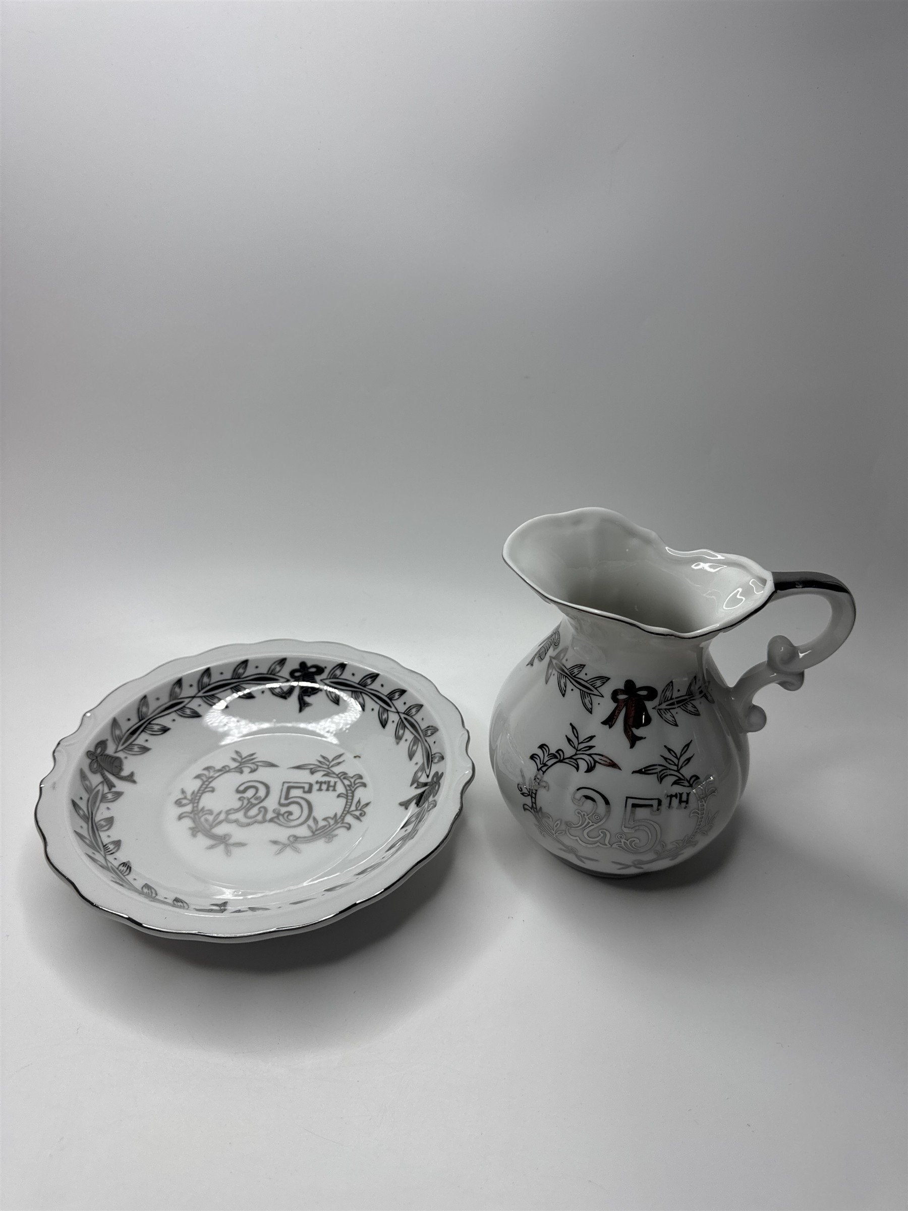 Lefton China 25th Anniversary Med Sized Handpainted Pitcher & Bowl Set Gd Cond