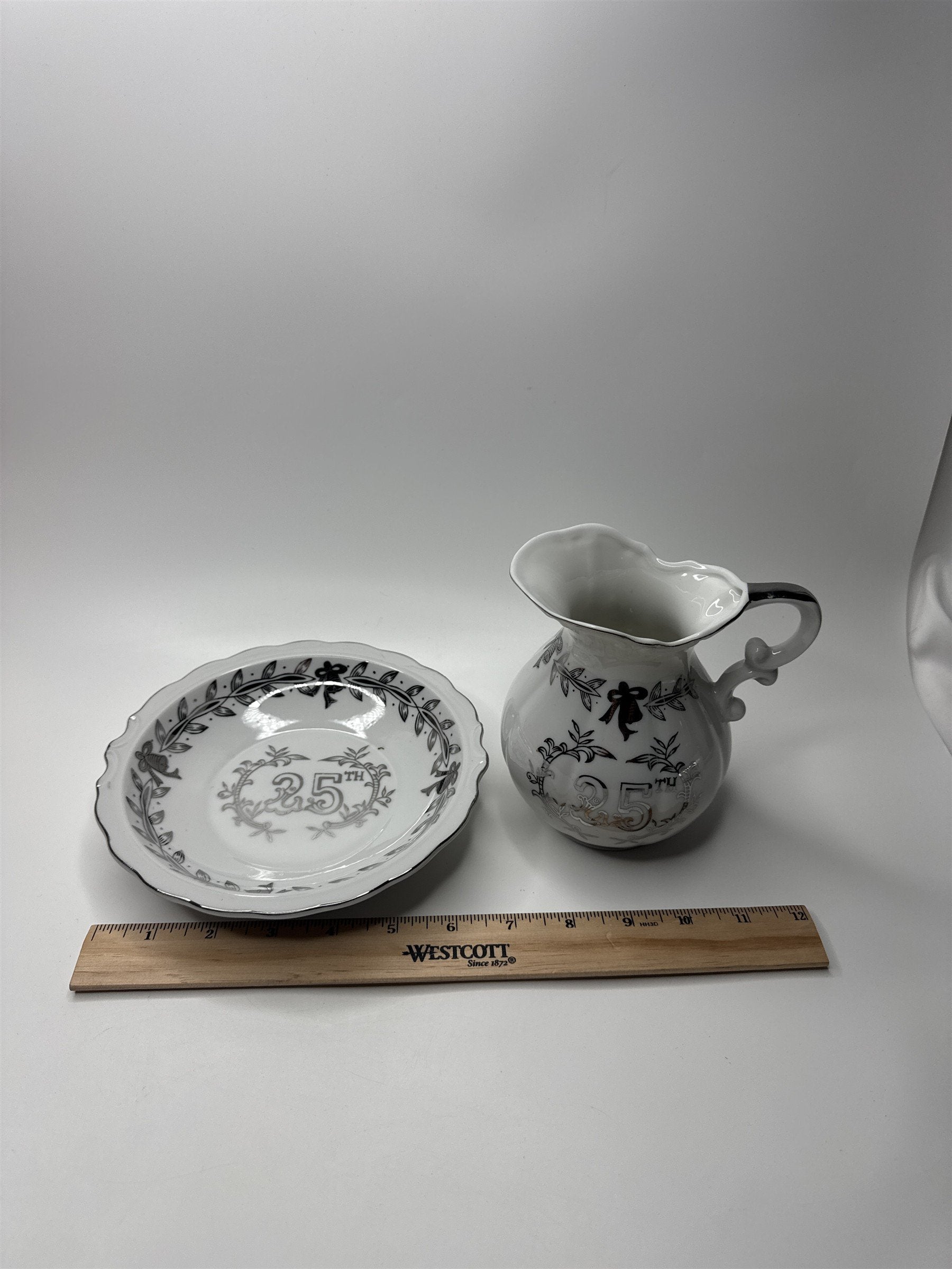 Lefton China 25th Anniversary Med Sized Handpainted Pitcher & Bowl Set Gd Cond