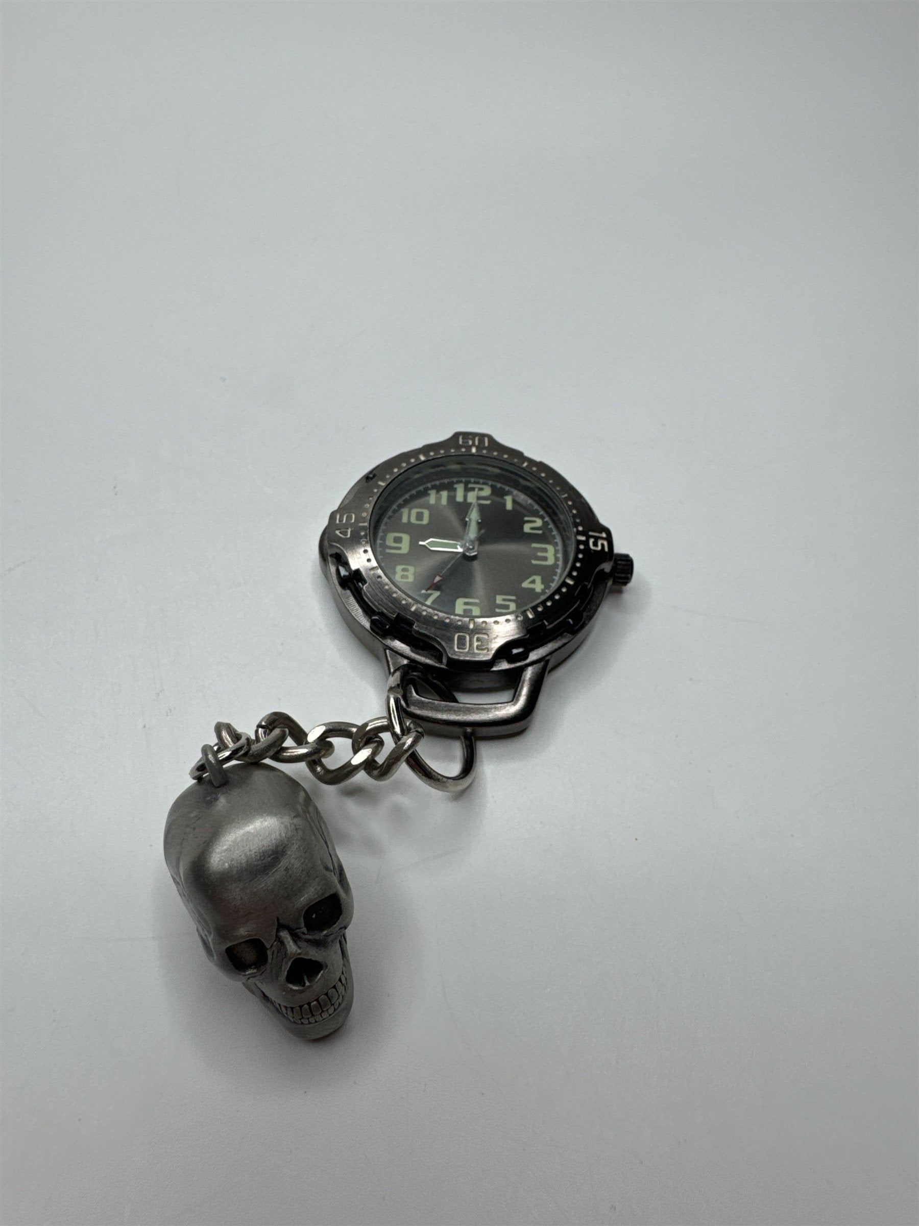 Mens Gunmetal Pocket Watch /w Green Numbers Watch Face and Metal Skull Charm