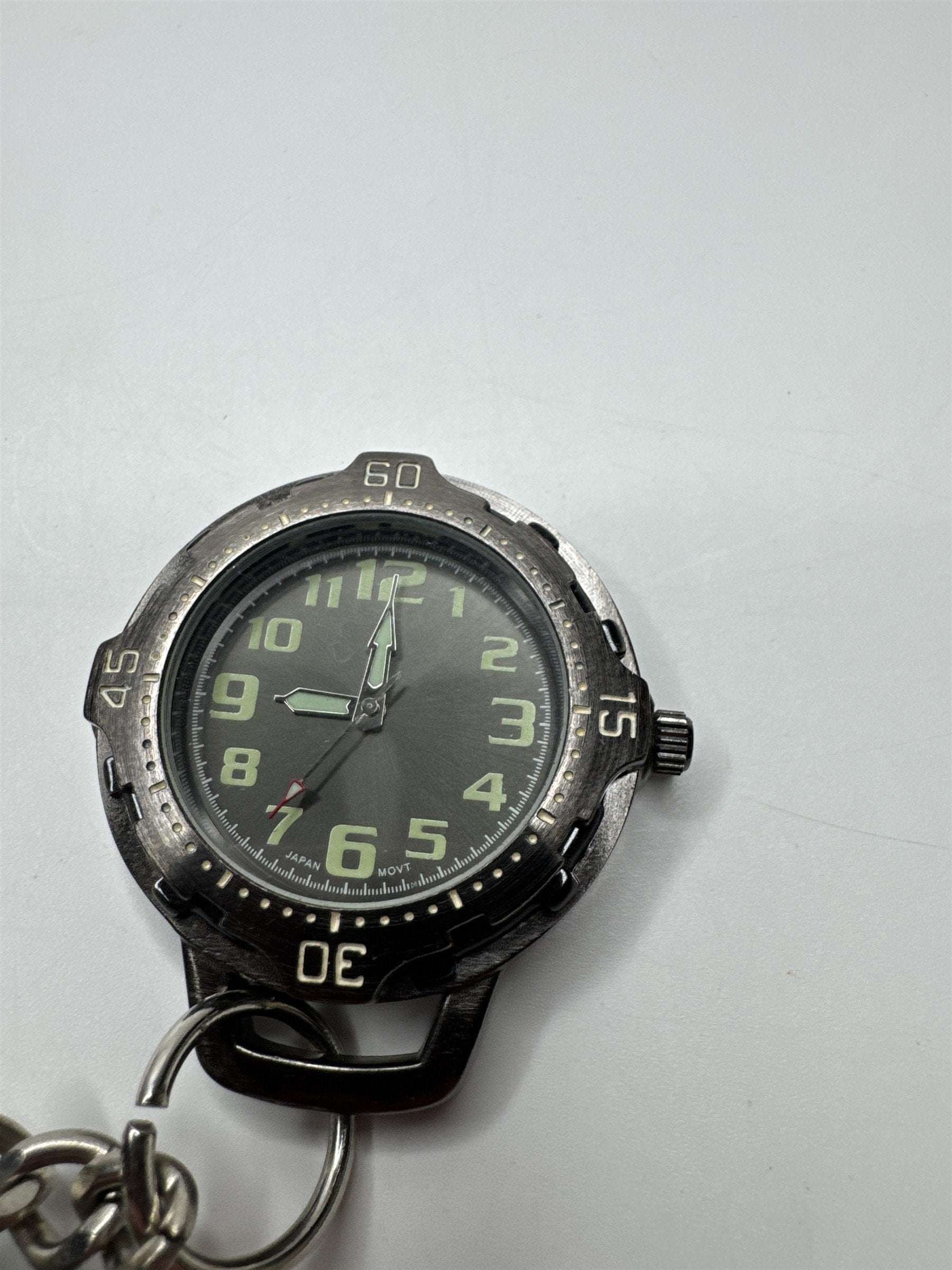 Mens Gunmetal Pocket Watch /w Green Numbers Watch Face and Metal Skull Charm