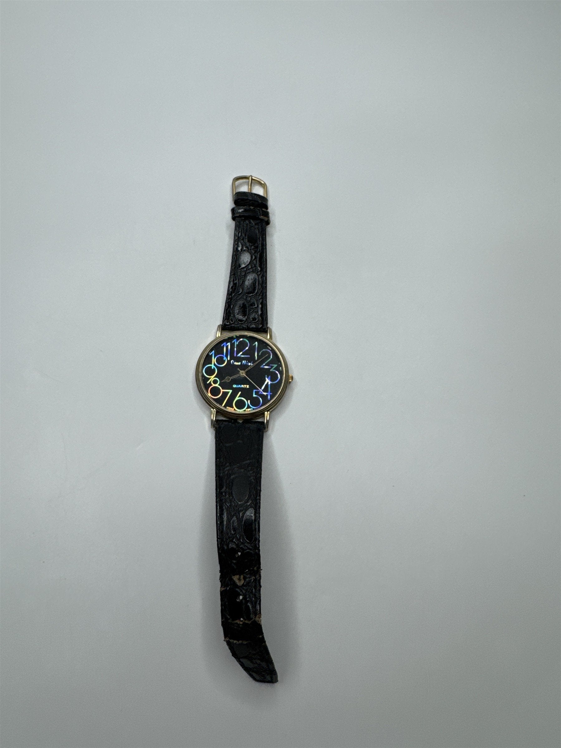 Womens Pieve Nicol Wristwatch Black Textured Wristband /w Black Face Metallic #s