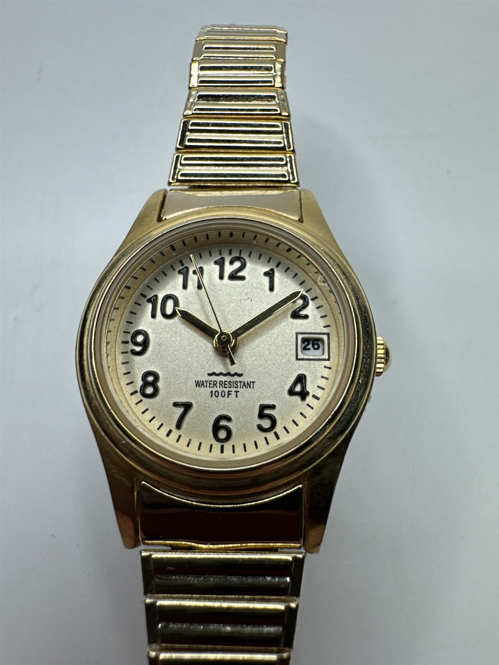 Womens M.Z. Berger Vintage Water Resistant Gold Toned Stretch Wristband Watch