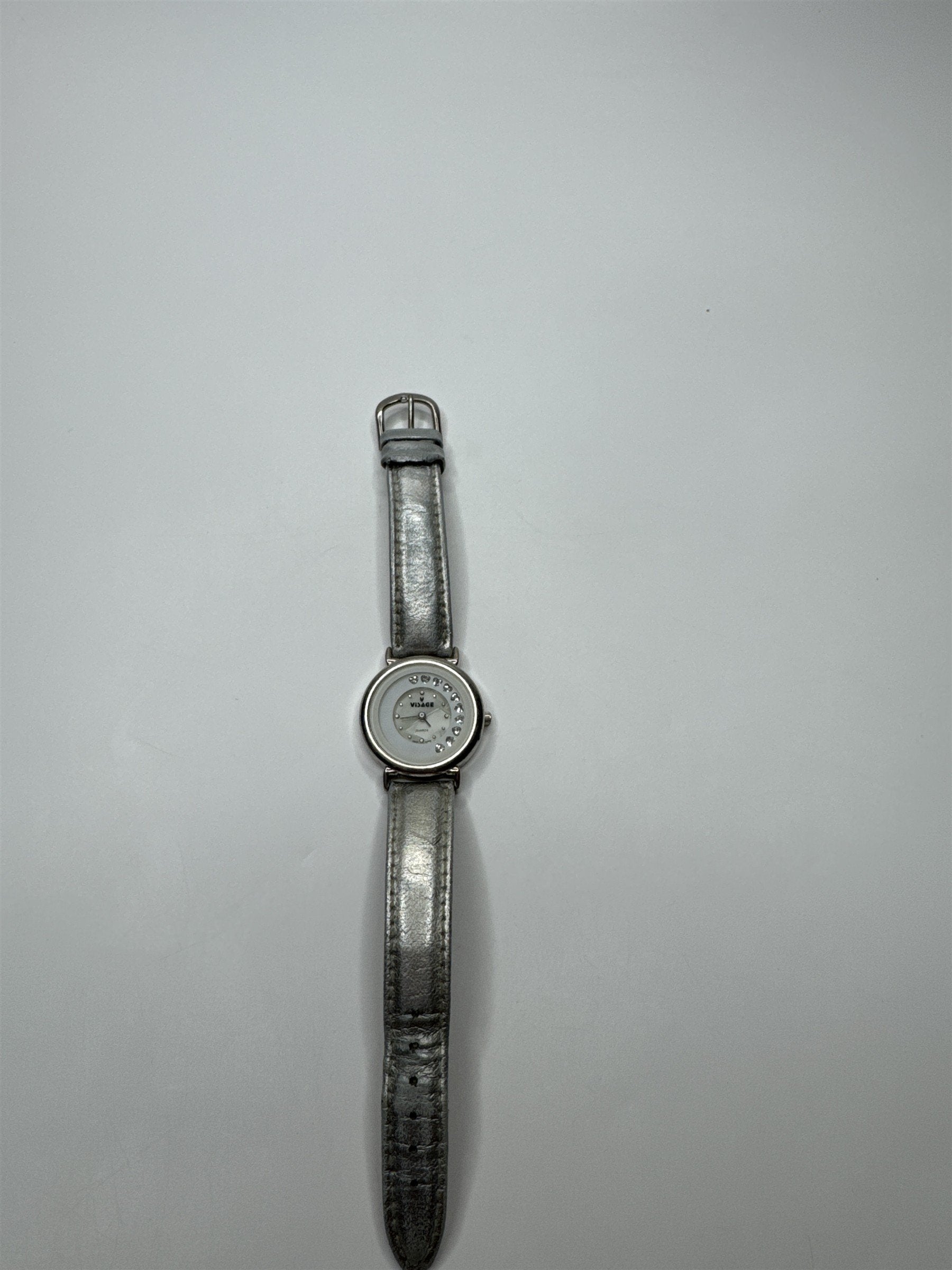 Womens Visage Wristwatch Sparkling Hearts Silver Toned Metallic Wristband