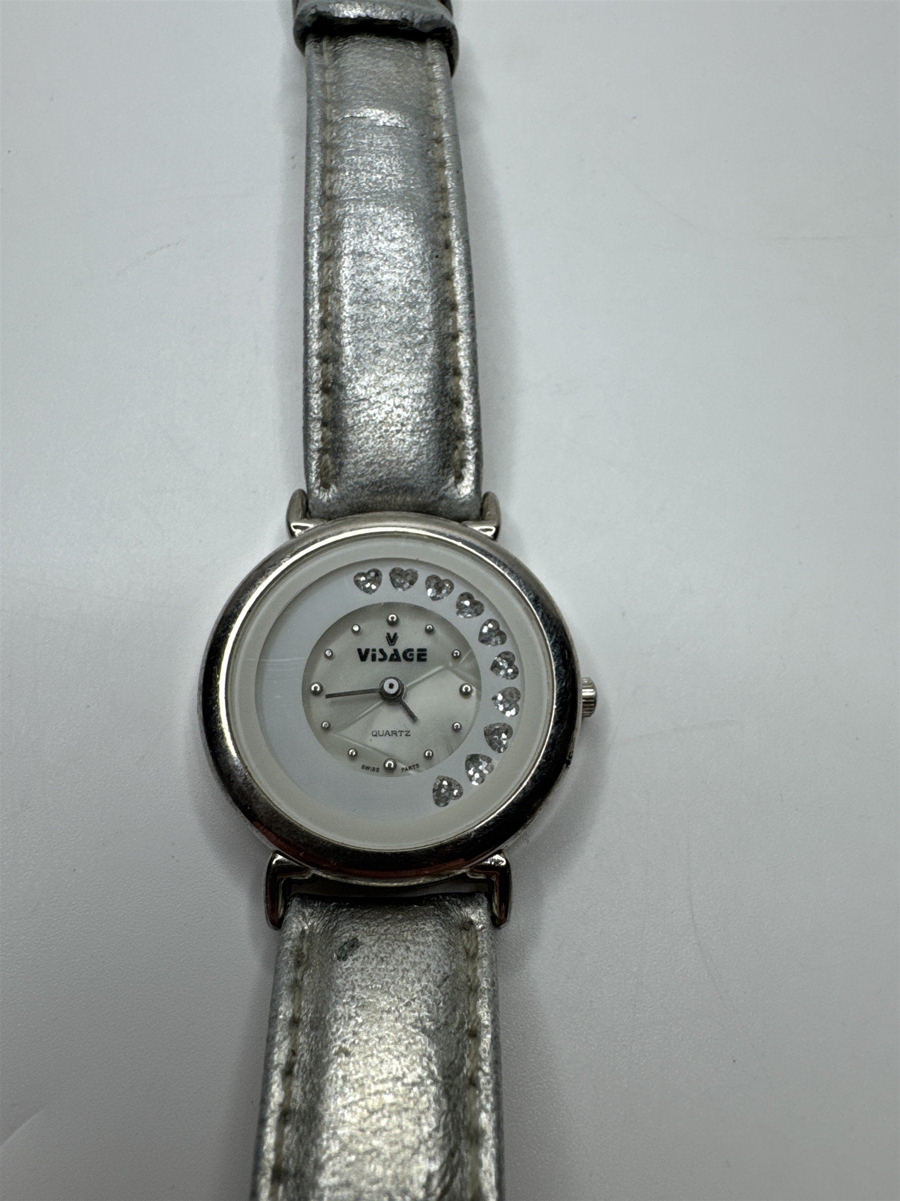 Womens Visage Wristwatch Sparkling Hearts Silver Toned Metallic Wristband