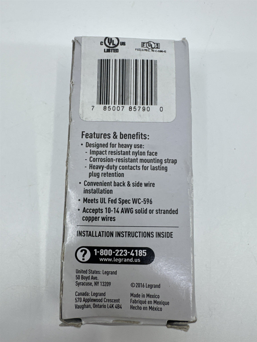 Legrand Commercial Duplex Outlet Back and Side Wire 20 AMP 125V