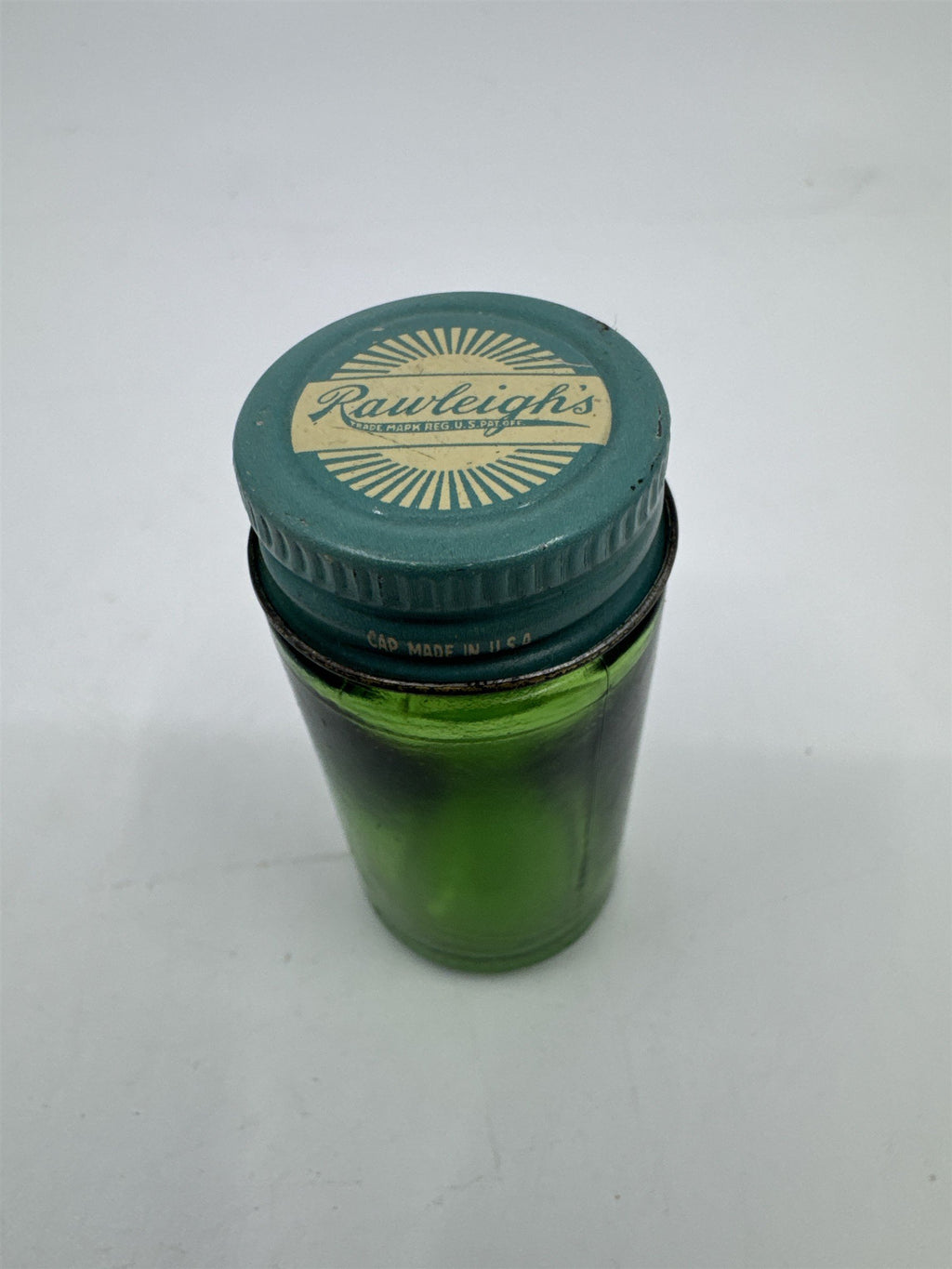 Vintage Rawleighs Trademark Small Green Glass Jar with Blue Tin Lid
