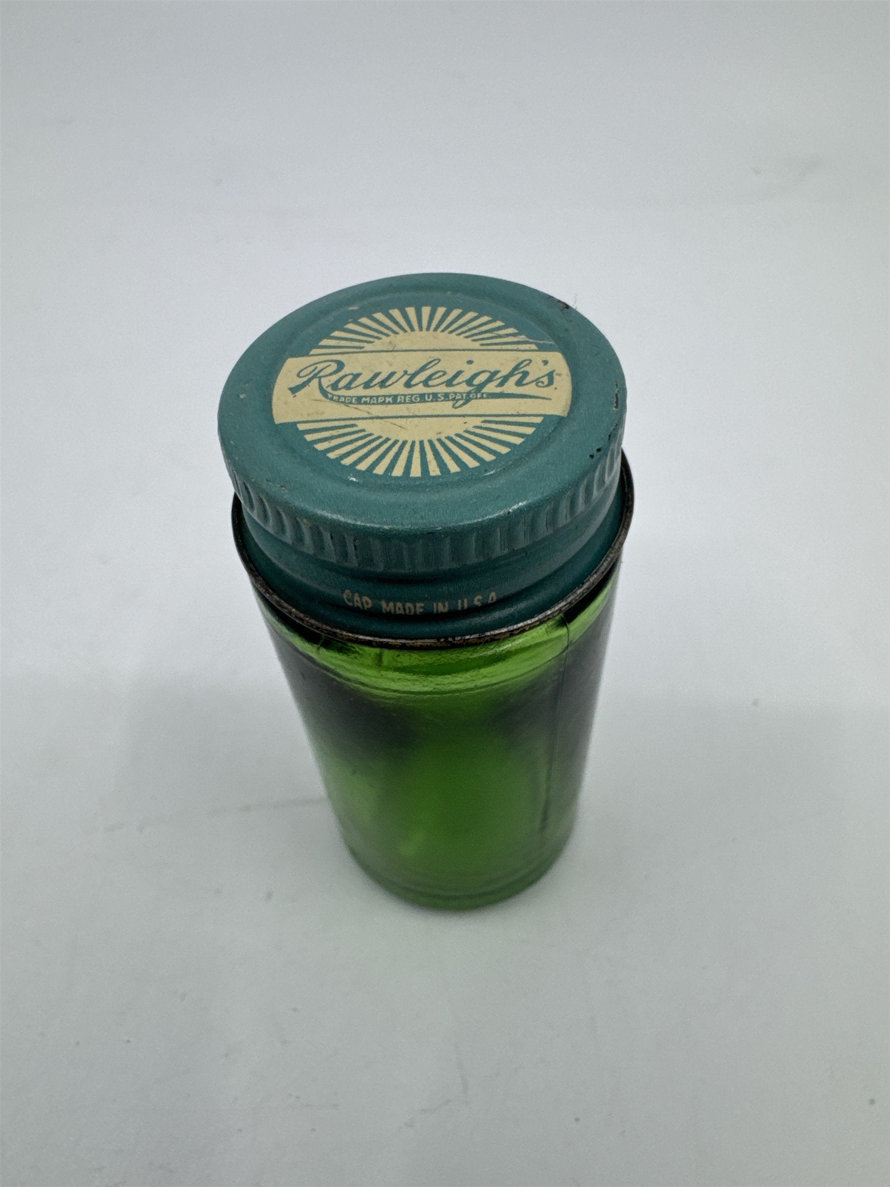 Vintage Rawleighs Trademark Small Green Glass Jar with Blue Tin Lid