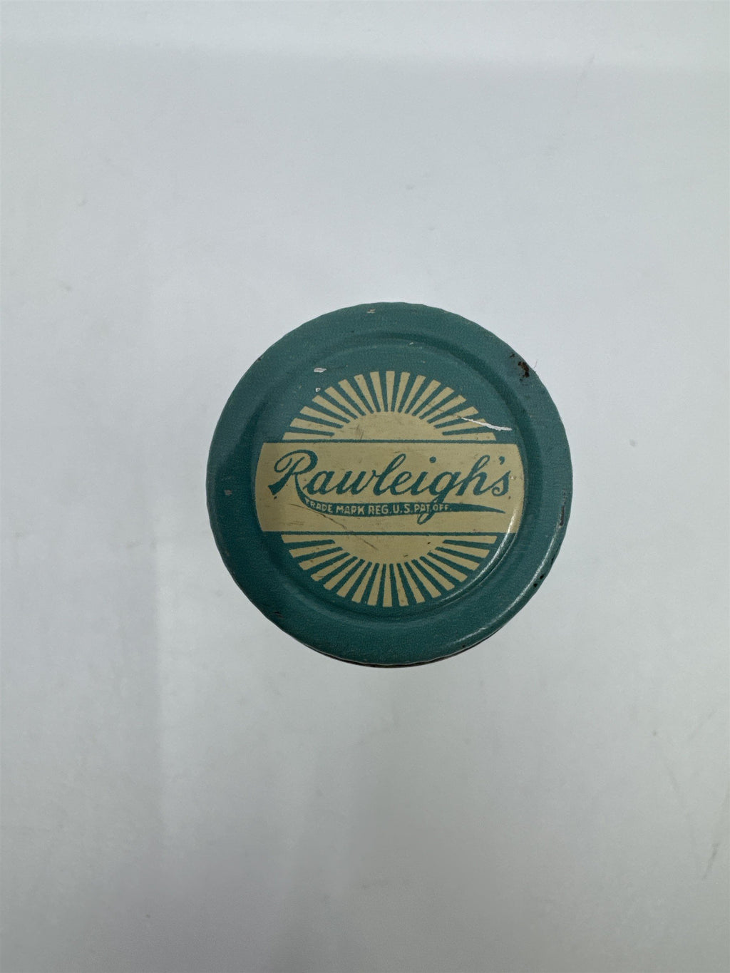 Vintage Rawleighs Trademark Small Green Glass Jar with Blue Tin Lid