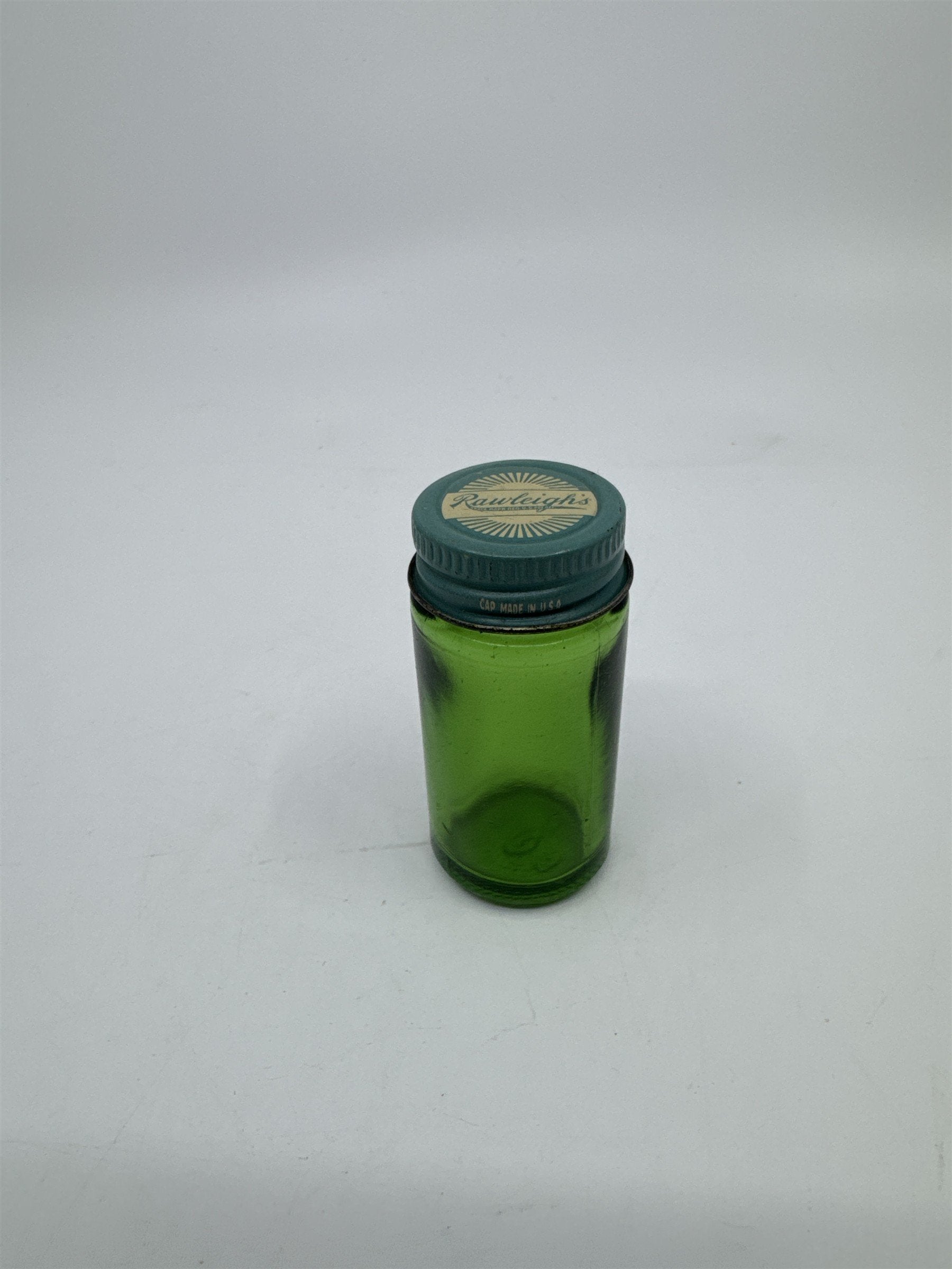 Vintage Rawleighs Trademark Small Green Glass Jar with Blue Tin Lid