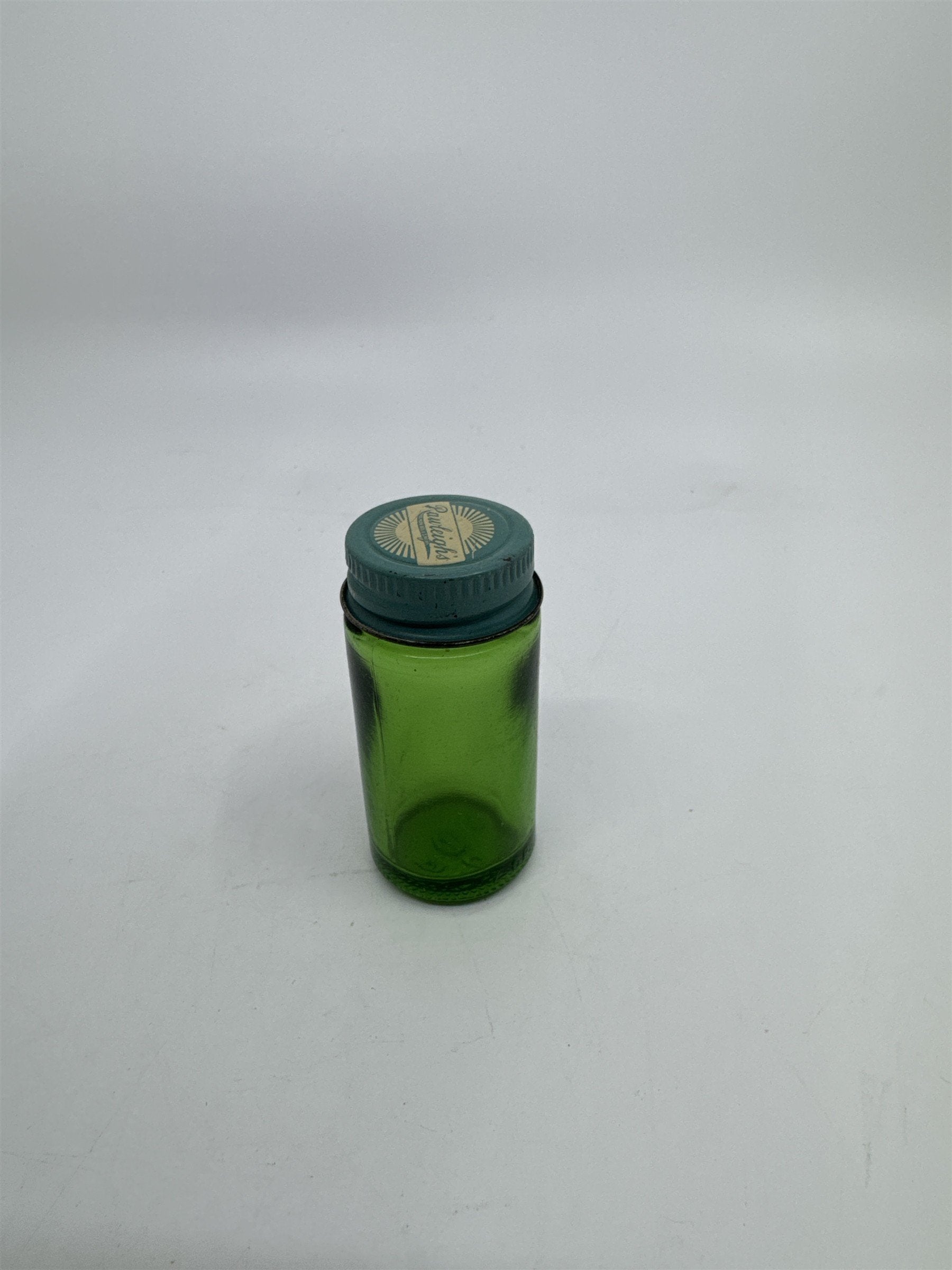 Vintage Rawleighs Trademark Small Green Glass Jar with Blue Tin Lid