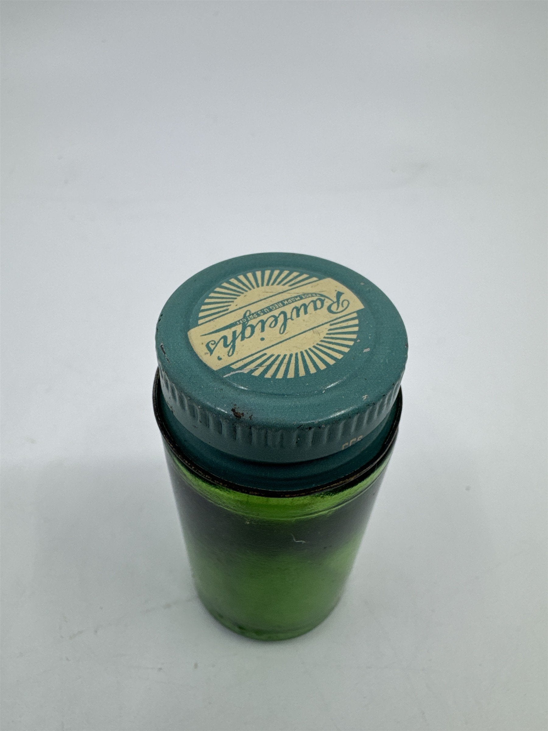 Vintage Rawleighs Trademark Small Green Glass Jar with Blue Tin Lid