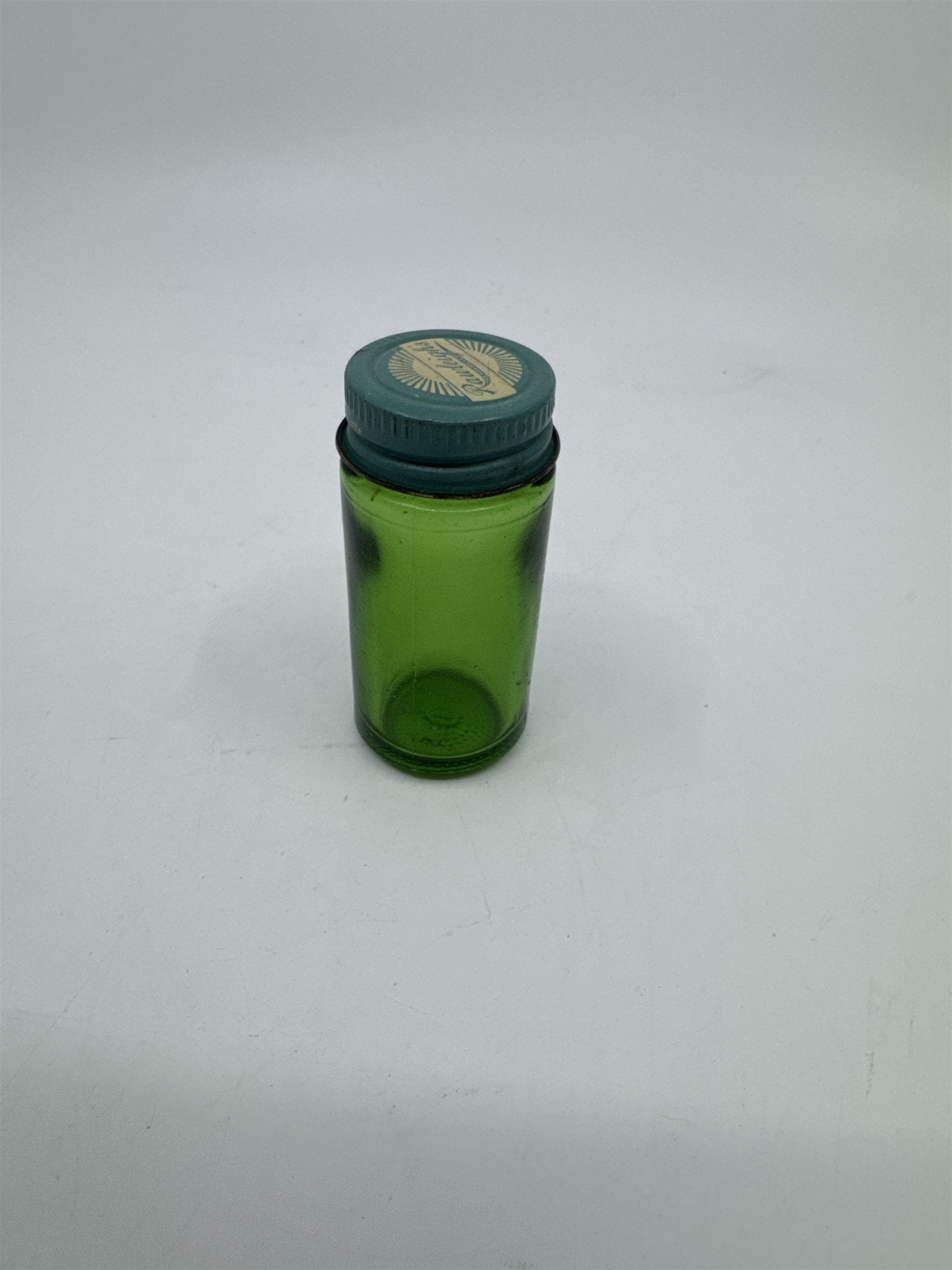 Vintage Rawleighs Trademark Small Green Glass Jar with Blue Tin Lid