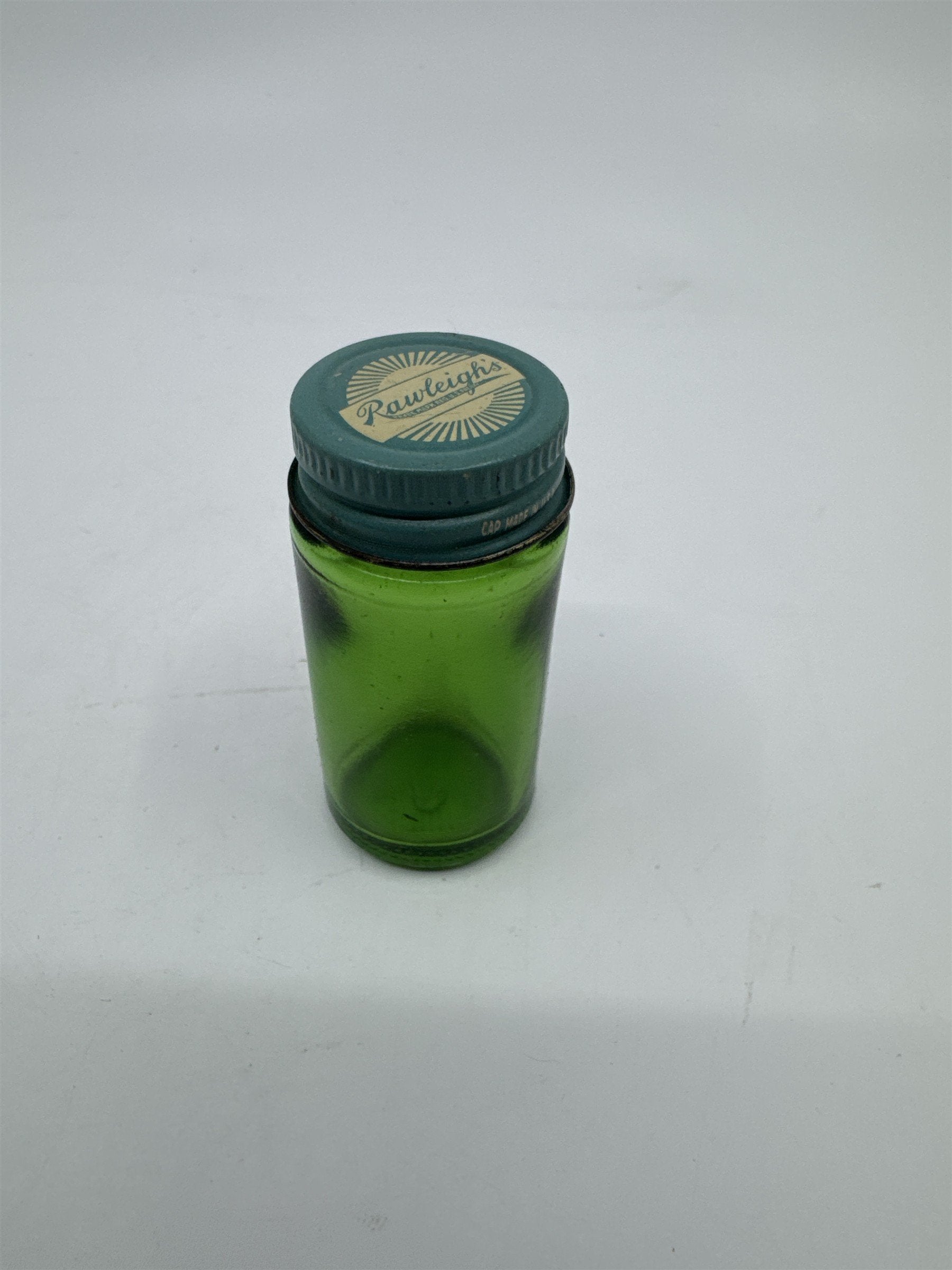 Vintage Rawleighs Trademark Small Green Glass Jar with Blue Tin Lid