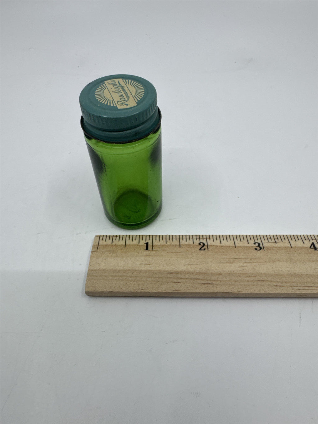 Vintage Rawleighs Trademark Small Green Glass Jar with Blue Tin Lid