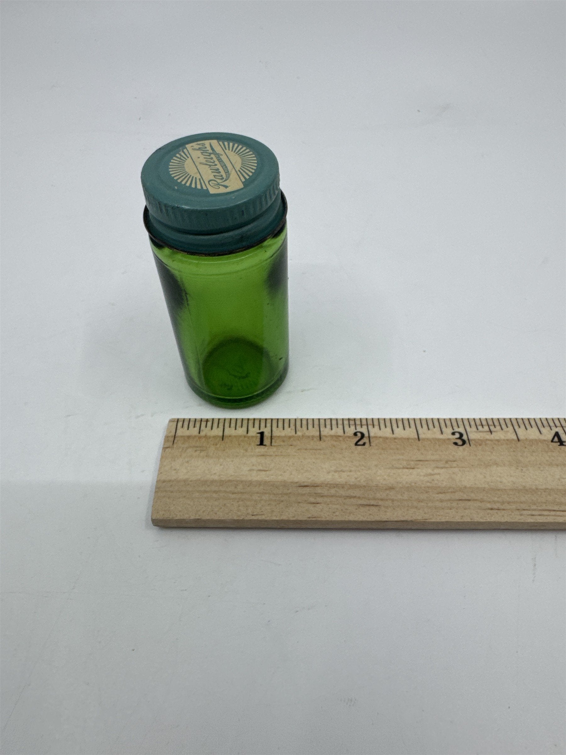 Vintage Rawleighs Trademark Small Green Glass Jar with Blue Tin Lid