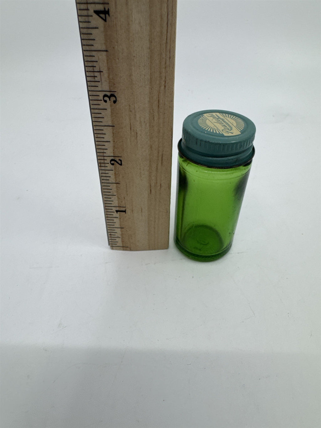 Vintage Rawleighs Trademark Small Green Glass Jar with Blue Tin Lid