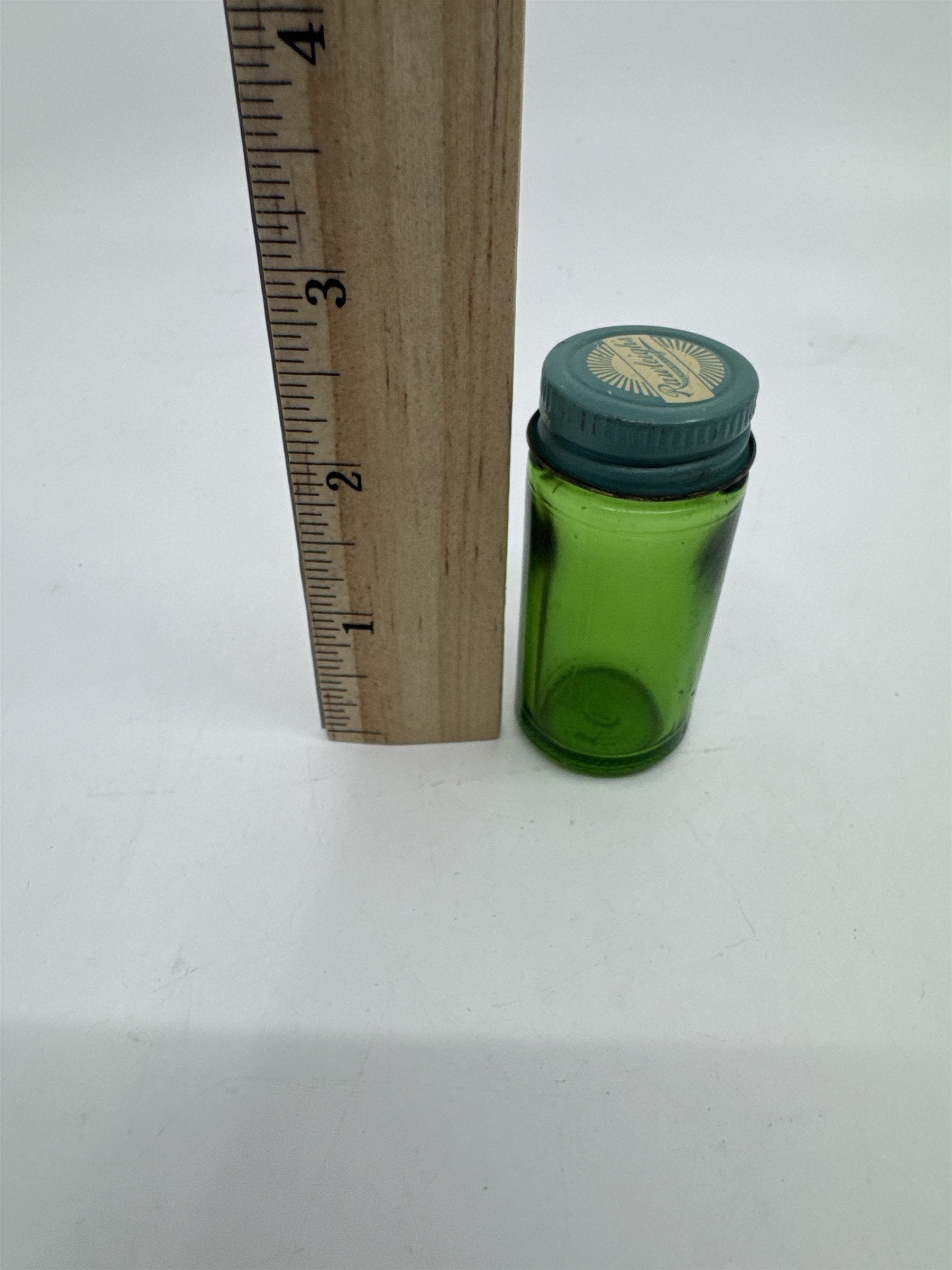 Vintage Rawleighs Trademark Small Green Glass Jar with Blue Tin Lid