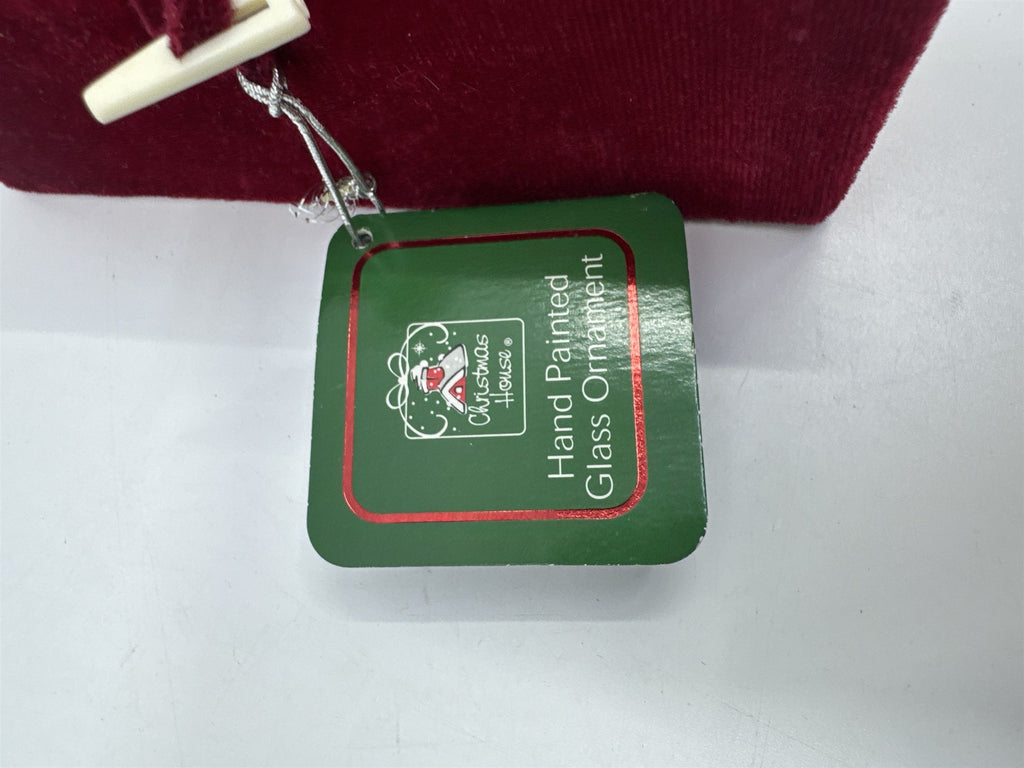 Vintage Christmas House Christmas Ornament White W/ Red Bows in Felt Box