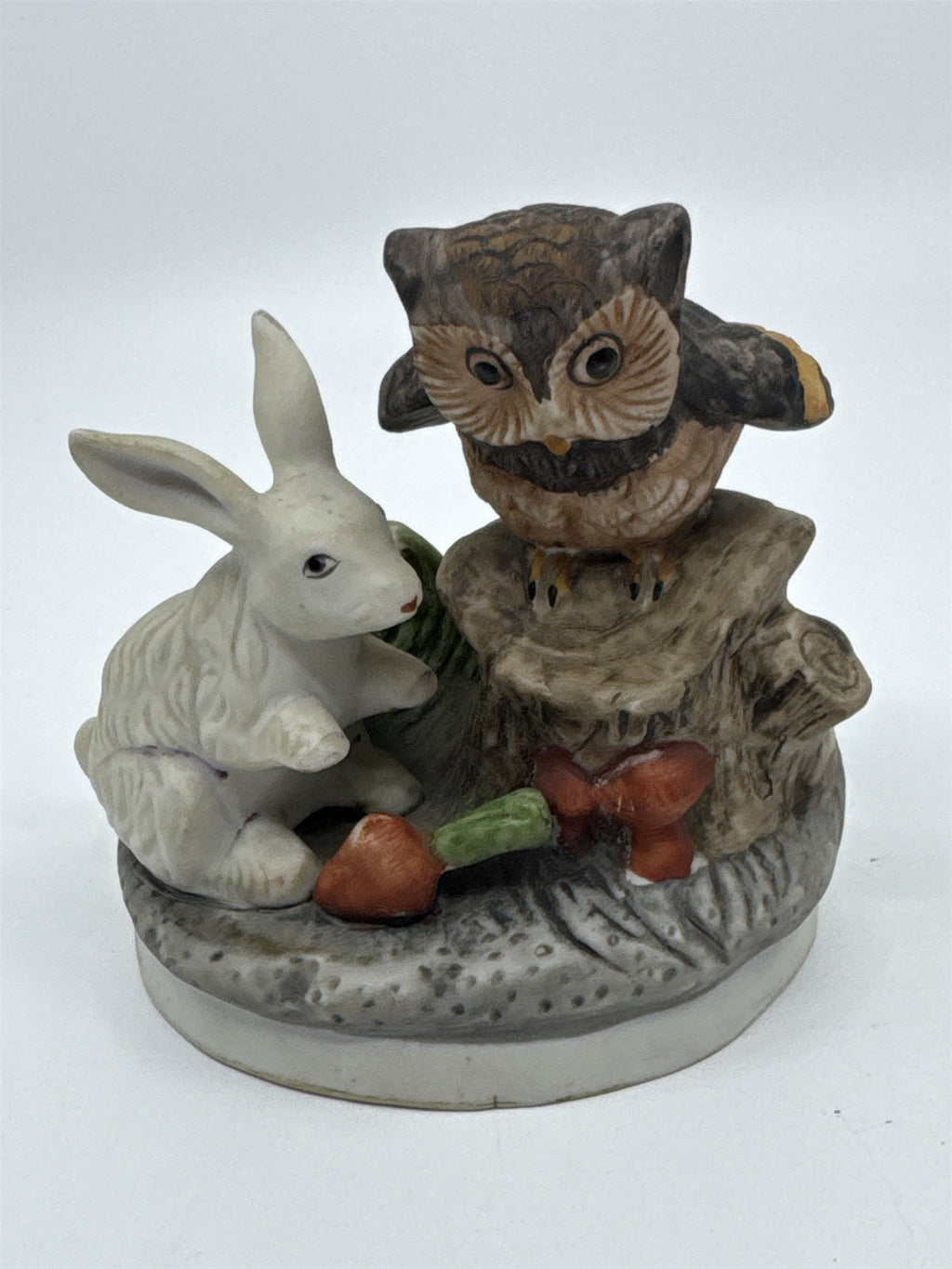Vintage Woodland Creatures Figurine Owl On Tree Stump and Bunny W/ Carrots